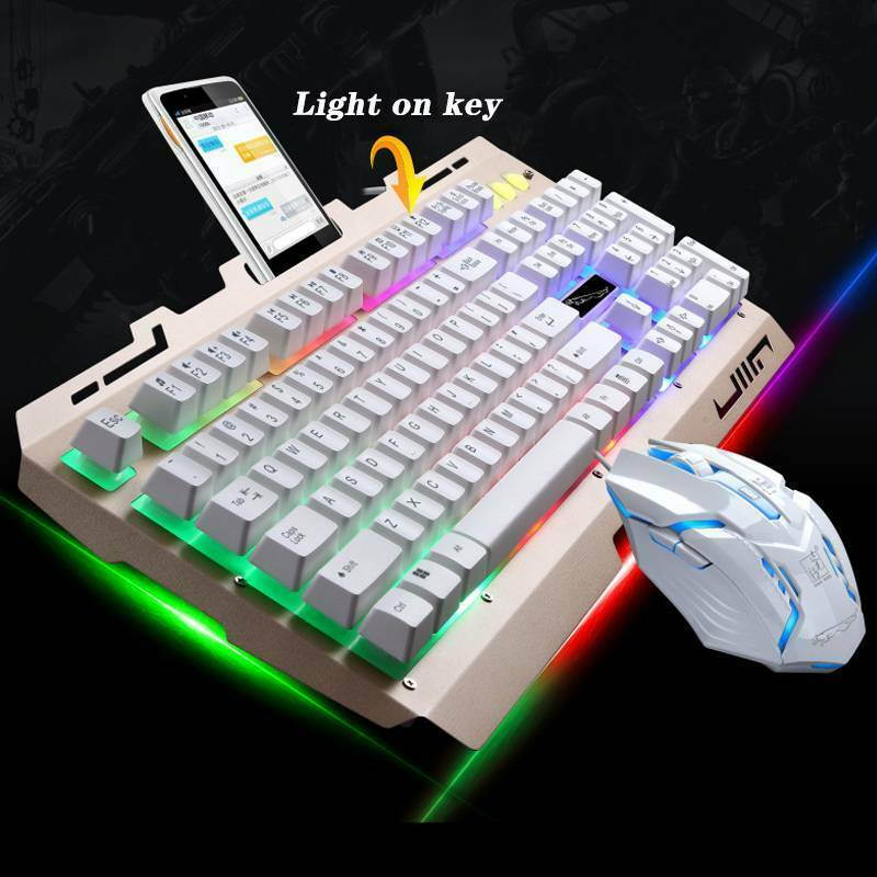 USB RGB Gaming Keyboard and Mouse Combo, Wired Key Rainbow Backlit Keyboard and Mouse Set, with Phone Holder for Windows Computer PC Gamers