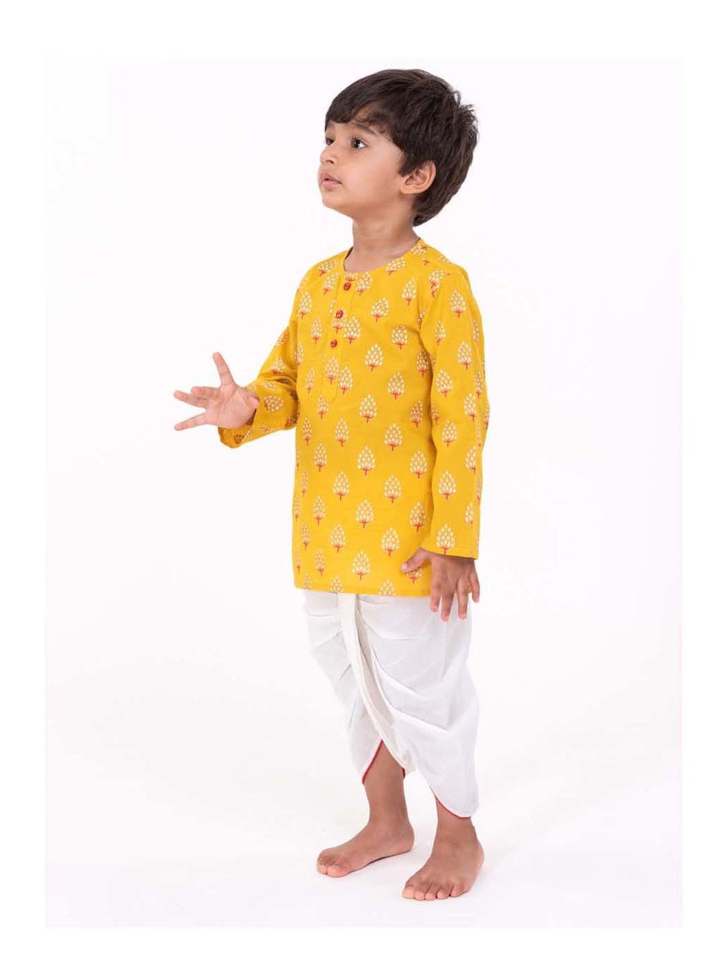 Campana Kids Yellow & White Cotton Printed Kurta Set