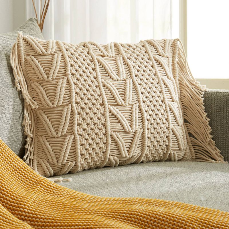 20"x15" Macrame Lumbar Throw Pillow Natural - Patina Vie