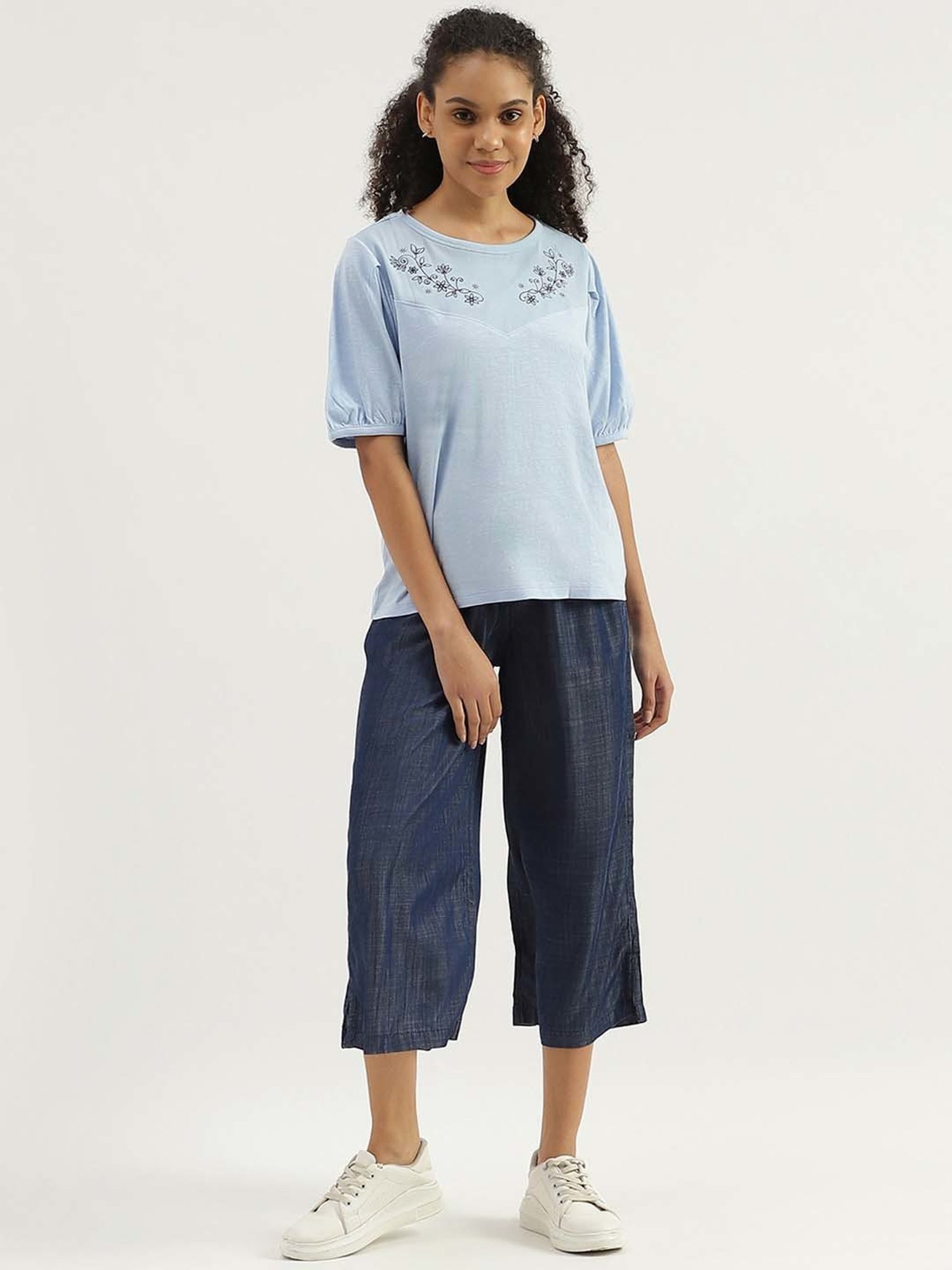 United Colors of Benetton Blue Cotton Embroidered Top