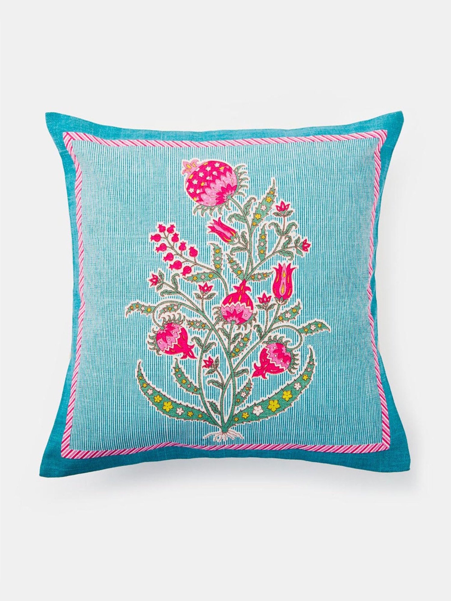Fabindia Blue & Pink Cotton 48 TC 230 GSM Rasika Cushion Cover