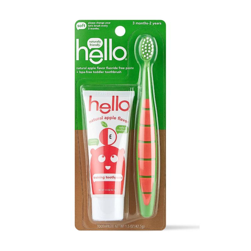 Hello Natural Apple Flavored Toothpaste and Toddler Toothbrush Bundle Fluoride & BPA Free - 1.5oz