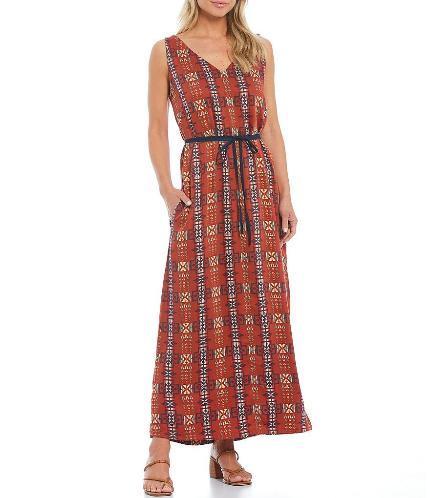 Pendleton V-Neck Sleeveless Geo Pattern Belted Maxi Dress