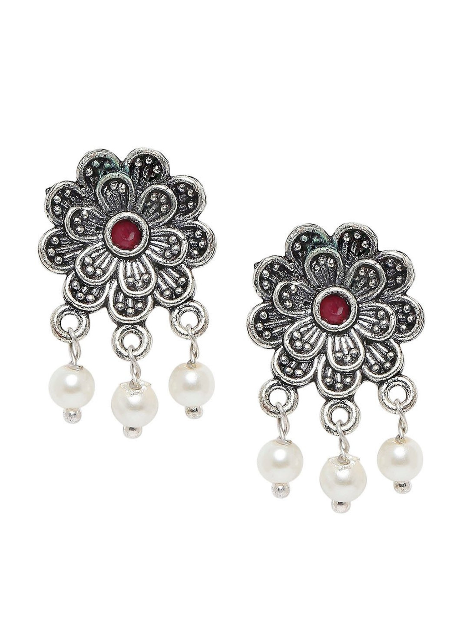 OOMPH Oxidized Silver Look Alike Maroon Stone Pearls Choker Necklace Set with Earrings