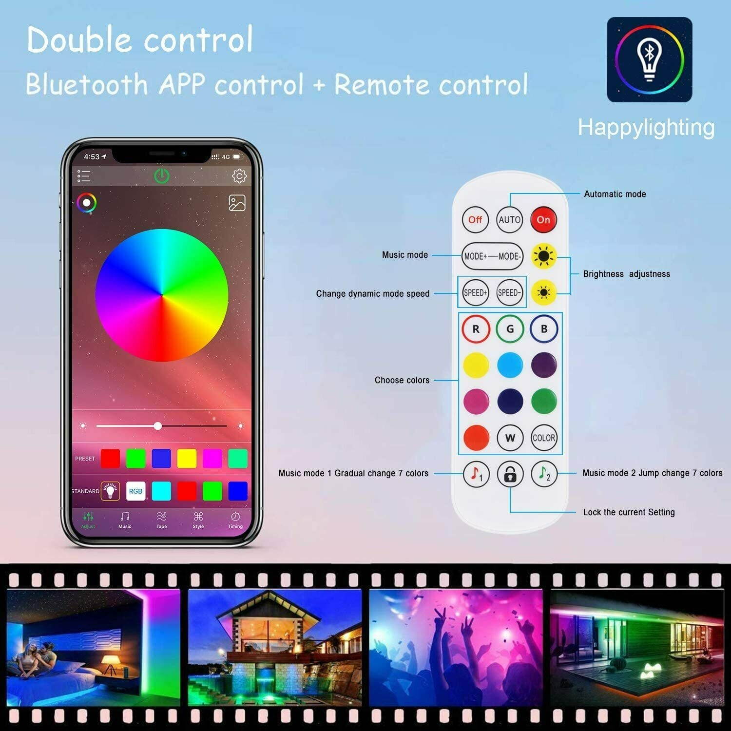 16ft 5050 RGB Waterproof Bluetooth Music LED Strip Lights Set APP +Remote +Power