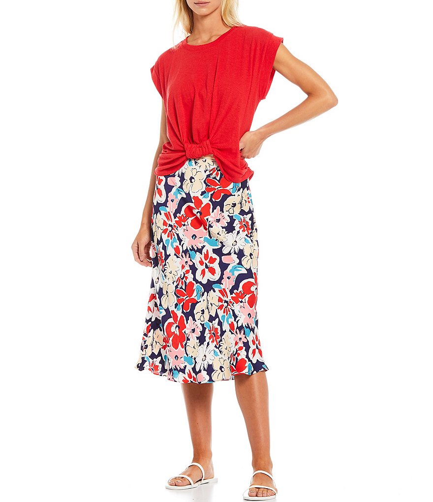 Skies Are Blue Knotted Front Cuffed Cap Sleeve Jewel Neck Top