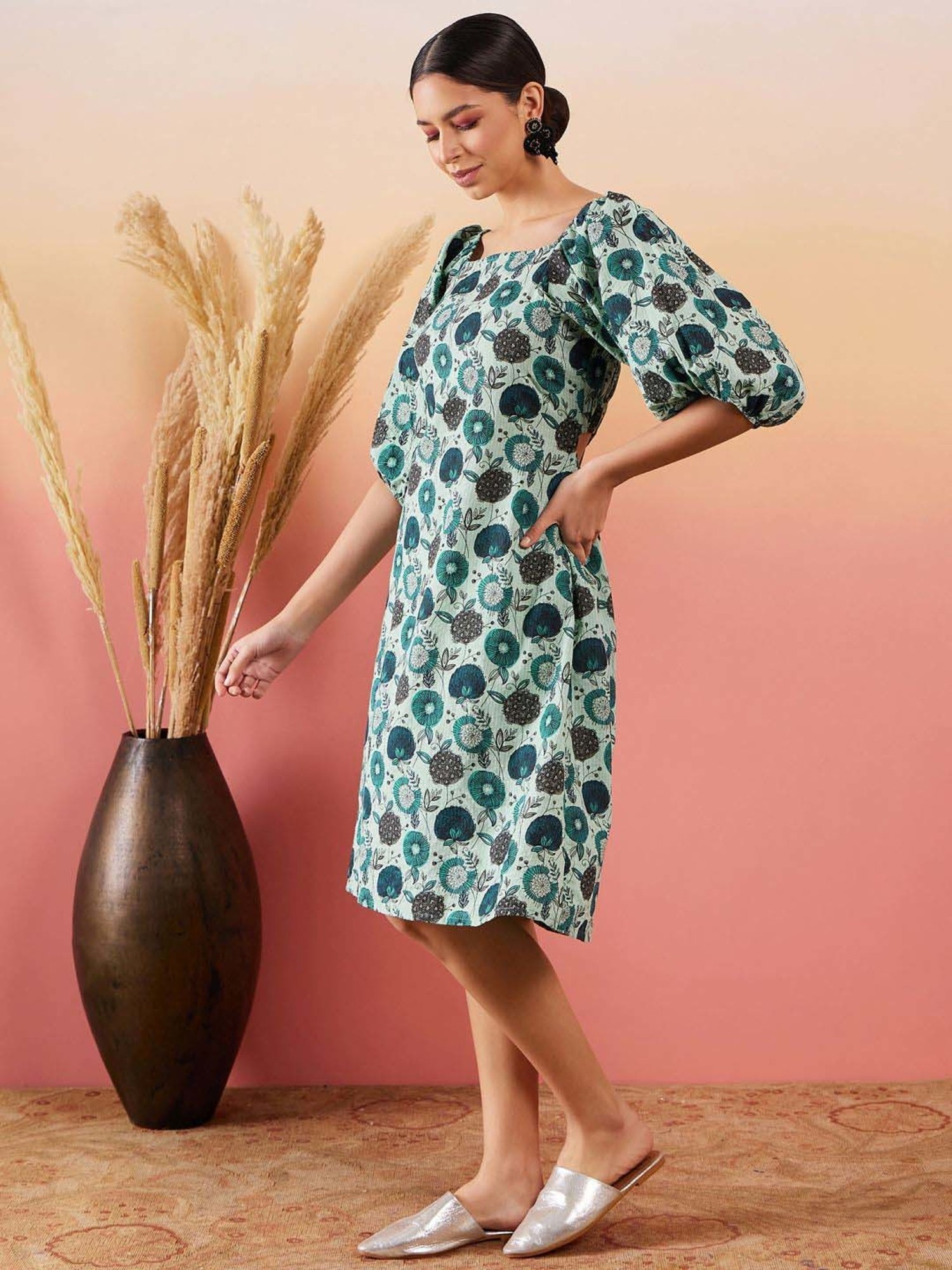Inweave Blue Cotton Floral Print A-Line Dress