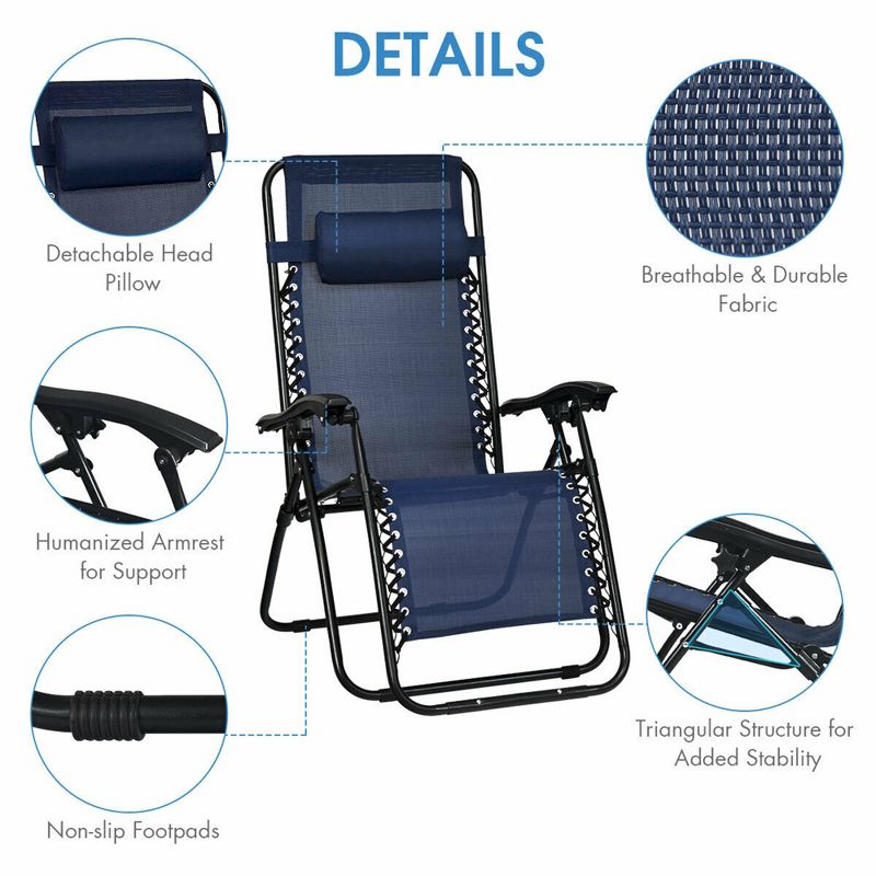 Costway 3PCS Zero Gravity Recliner Lounge Chairs Pillows Table Portable Folding Navy