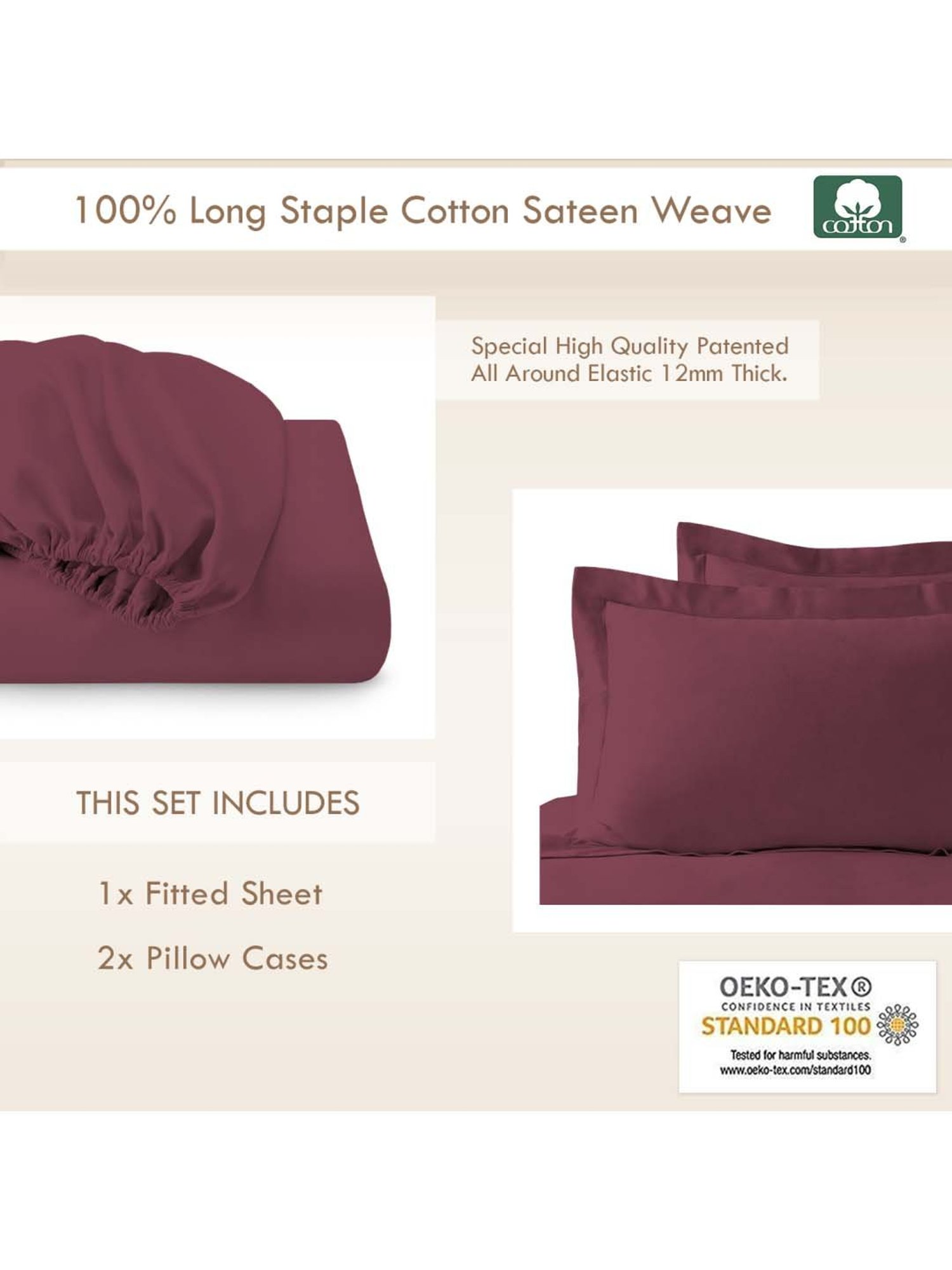 Pizuna 400TC 100% Cotton New Burgundy Fitted Bed Sheet Single Size With 1 Pillow Cover