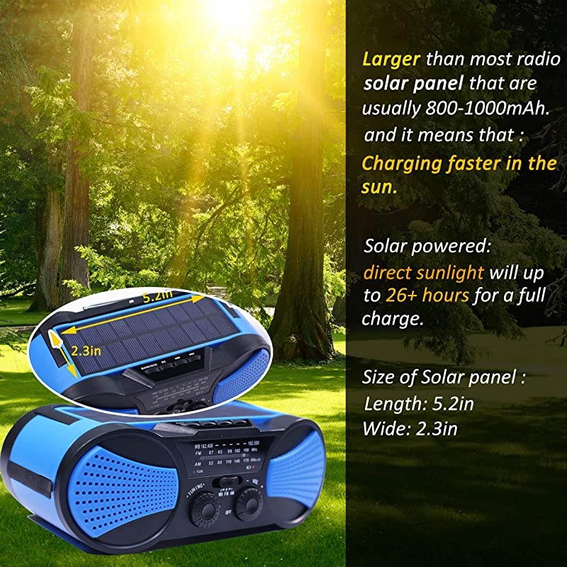 Hurricane Radio Weather RadioWaterproof Hand Crank SolarBattery Powered 4000mAh AMFMNOAASOS AlertPortable Emergency Cellphone ChargerMusic SpeakerFlashlight Reading LampBlue