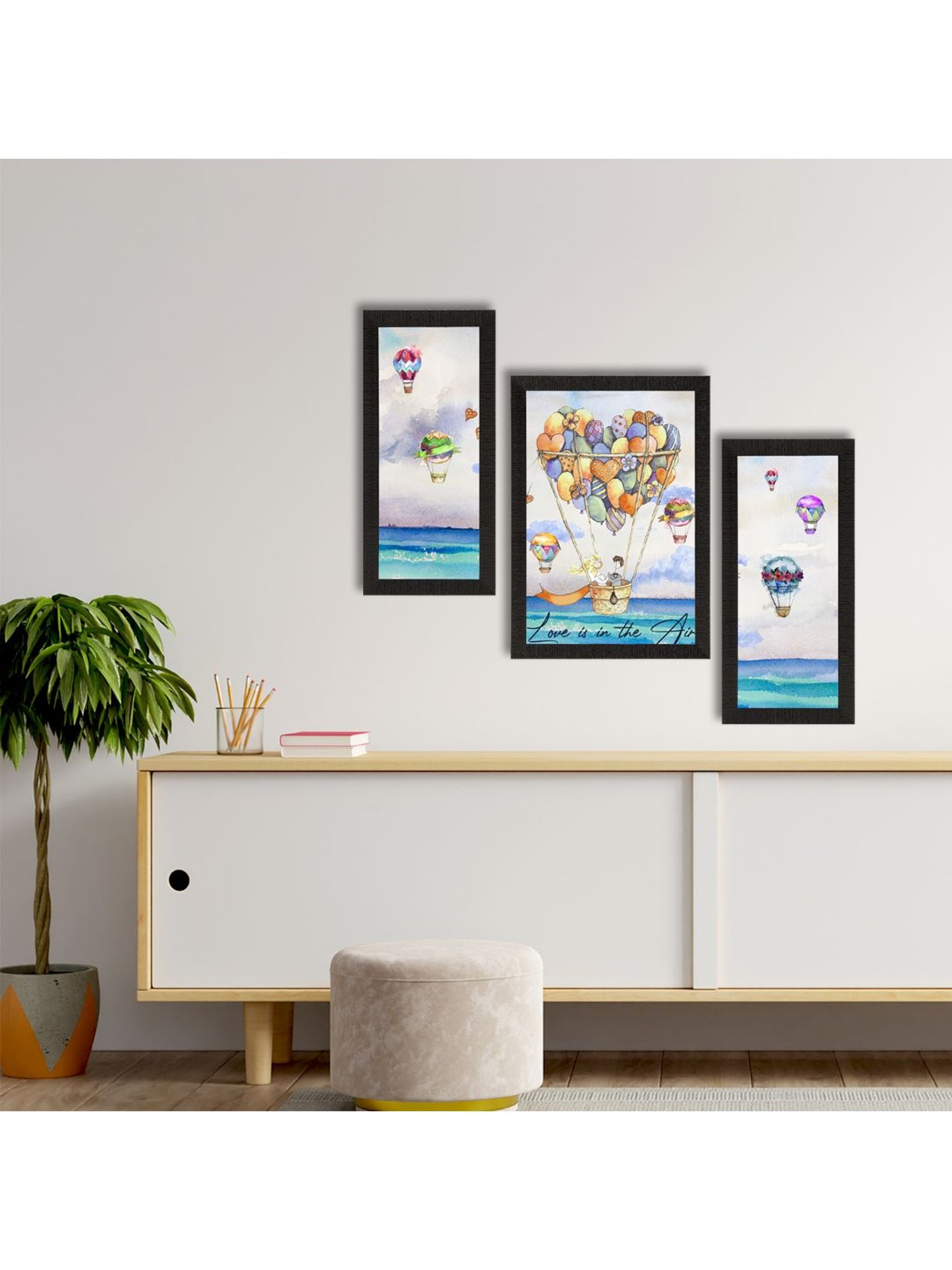 eCraftIndia Set of 3 Love is in the Air Balloon Theme Satin Matt Texture UV Art Painting