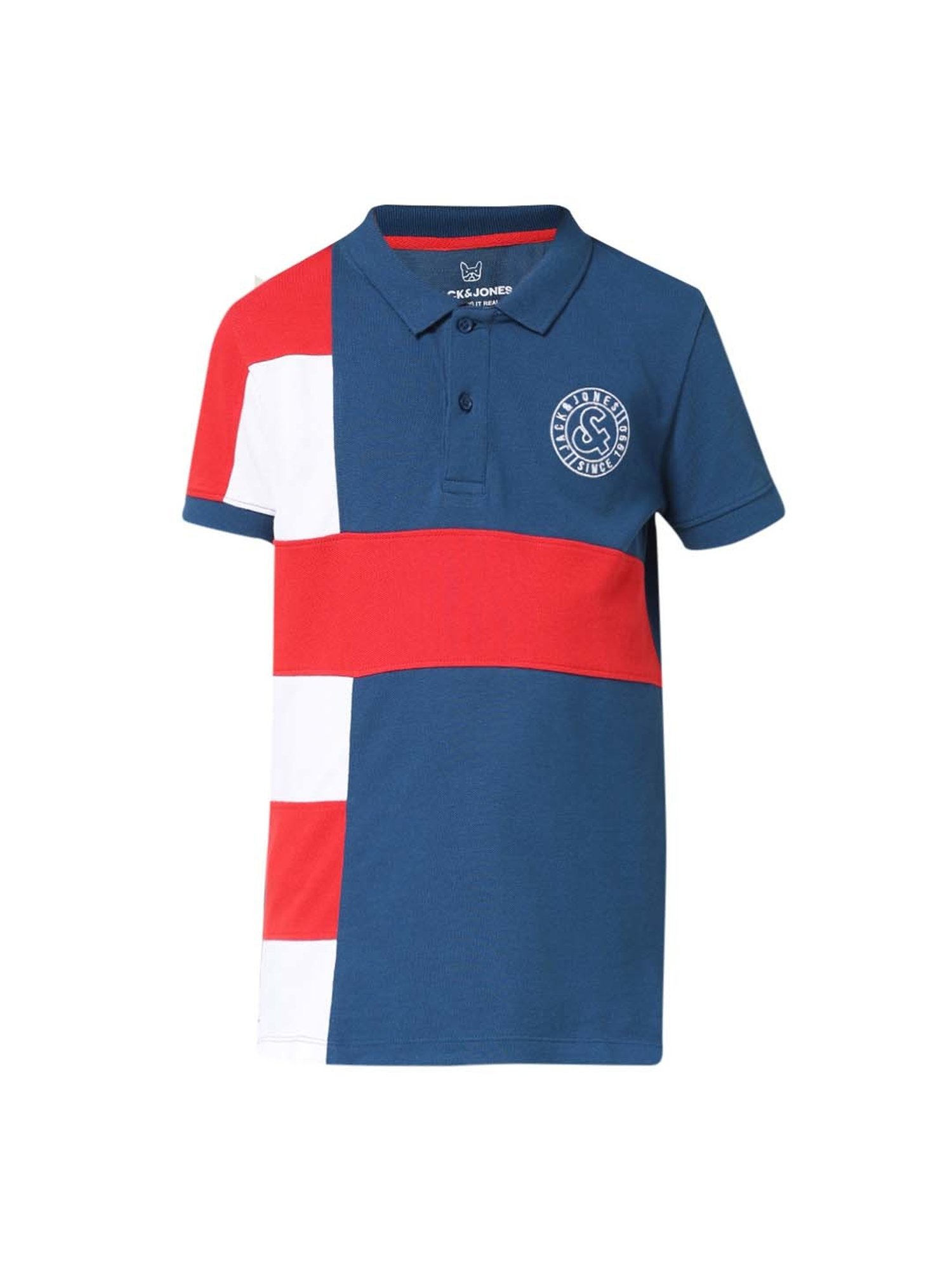 Jack & Jones Junior Blue & Red Cotton Color Block Polo T-Shirt