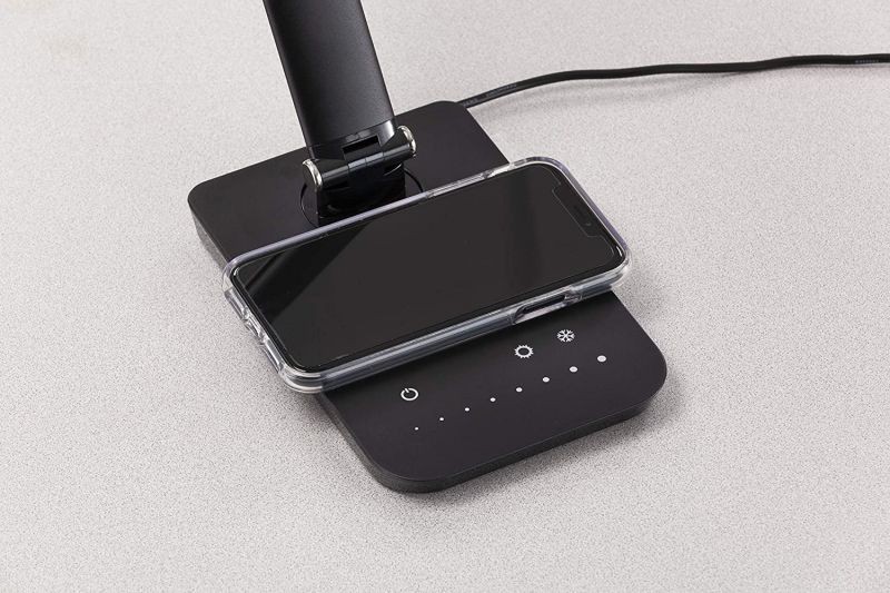 Safco Products Vamp LED Lamp with Pivoting Neck, Built-in Wireless Charging Pad, USB Port, Black