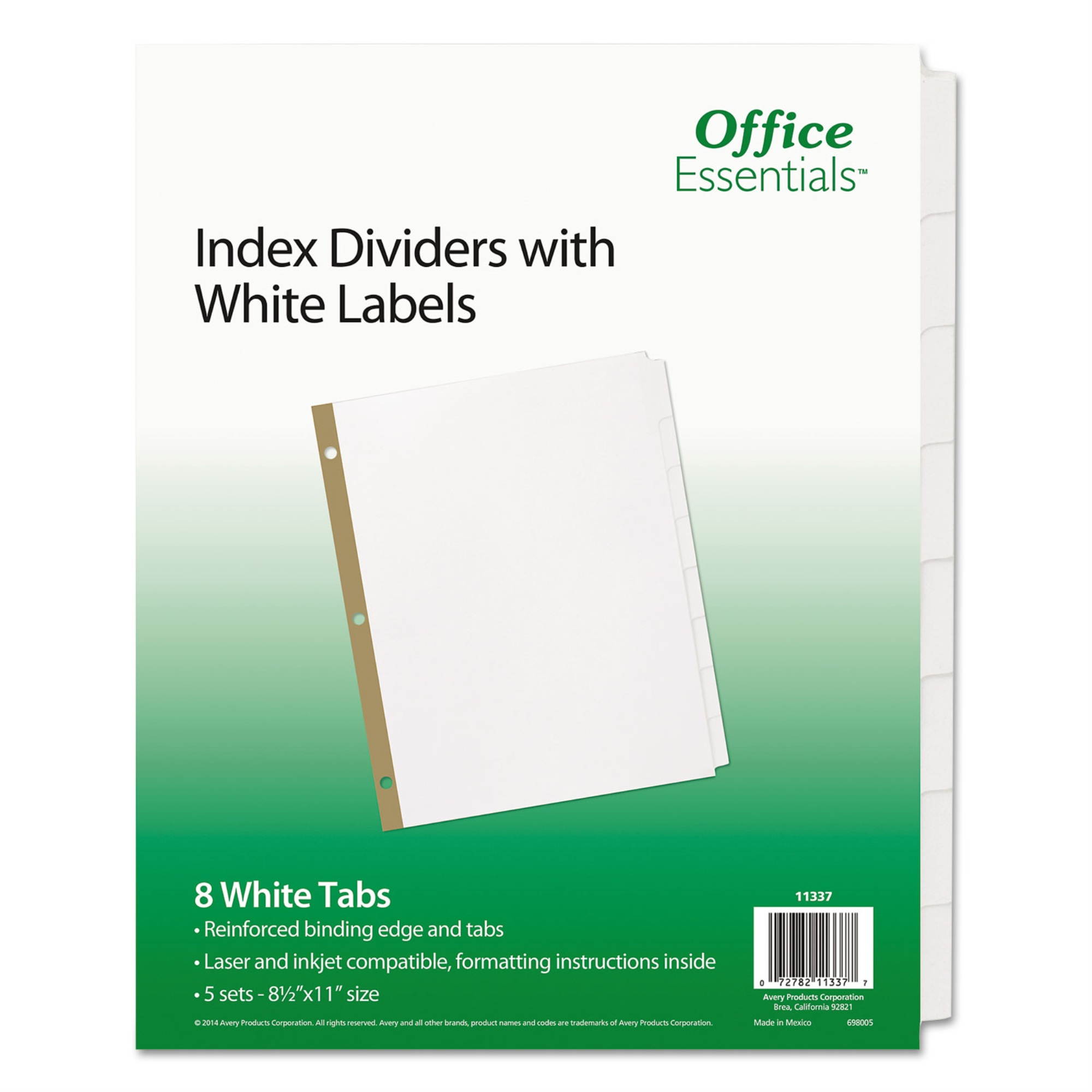 Office Essentials&bdquo;&cent; Index Dividers with White Labels ,INDEX,OE,8TAB,5ST/PK,WHT