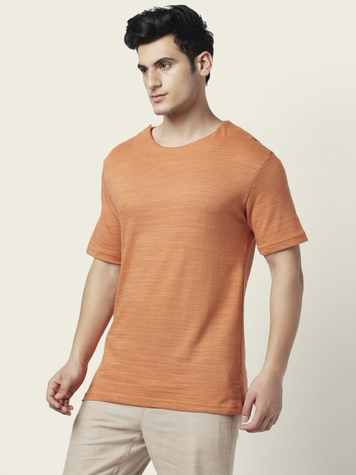 7 Alt by Pantaloons Rusty Orange Cotton Relaxed Fit Self Pattern T-Shirt