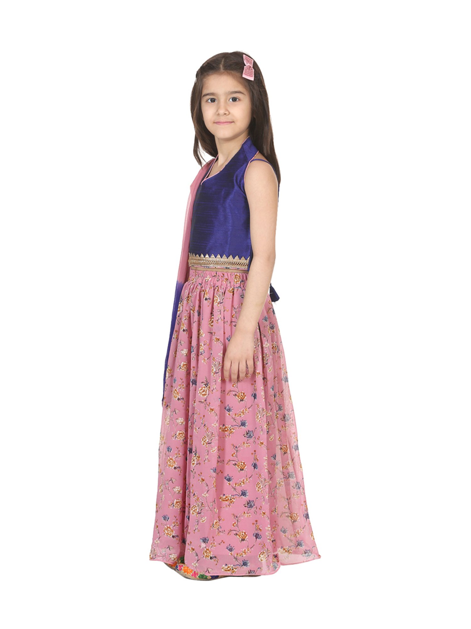 BownBee Kids Pink & Blue Printed Lehenga Choli With Dupatta