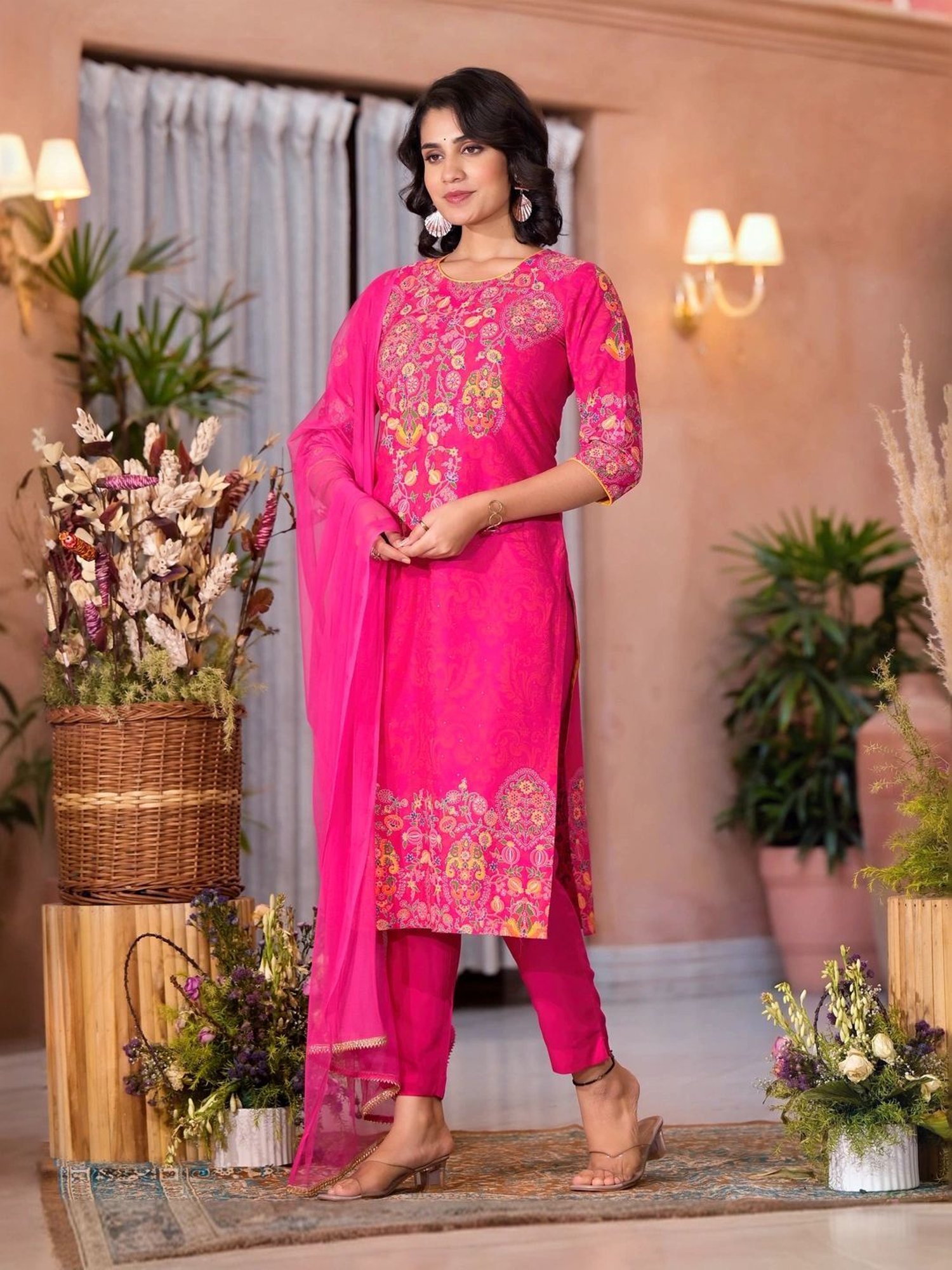 Juniper Pink Embroidered Kurta Pant Set With Dupatta
