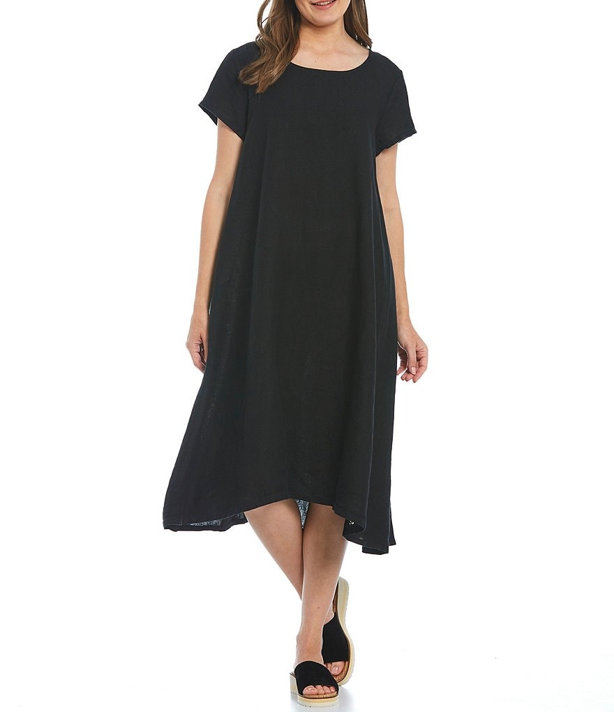 Bryn Walker Winslow Light Linen Round Neck Short Sleeve Oversized Fit Sharkbite Hem Swing Dress