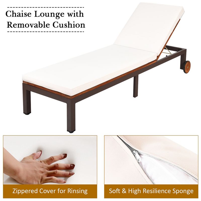 Costway 2PCS Patio Acacia Wood Lounge Chair Chaise Recliner Adjustable Backrest Cushion