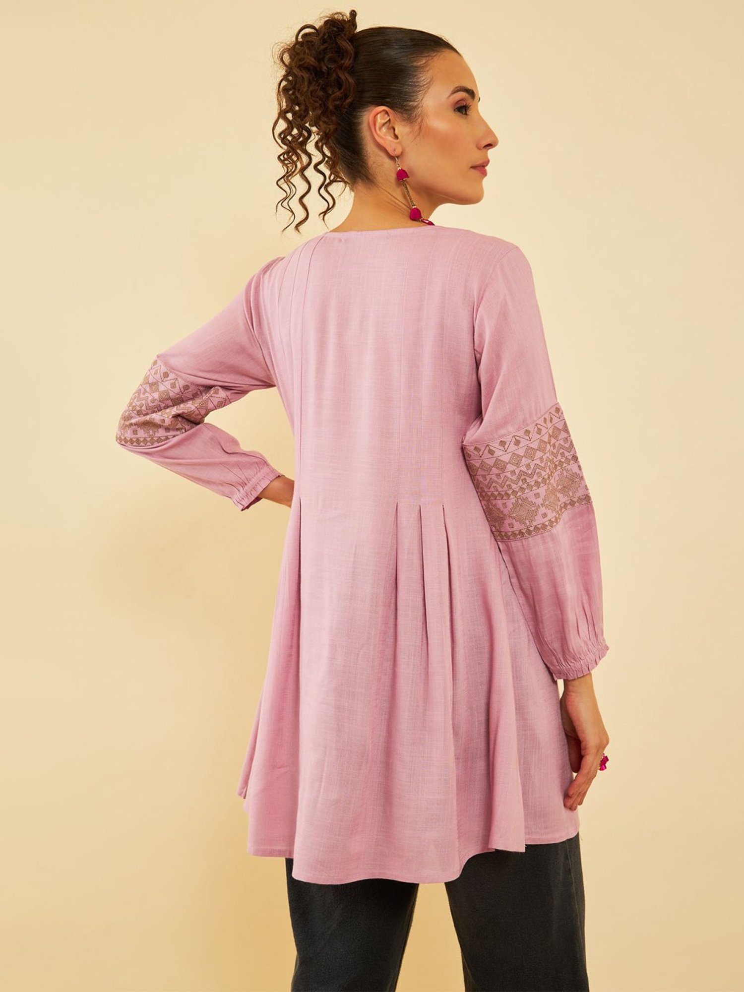 Soch Purple Rayon Slub Yoke Embroidery A-Line Tunic With Darts