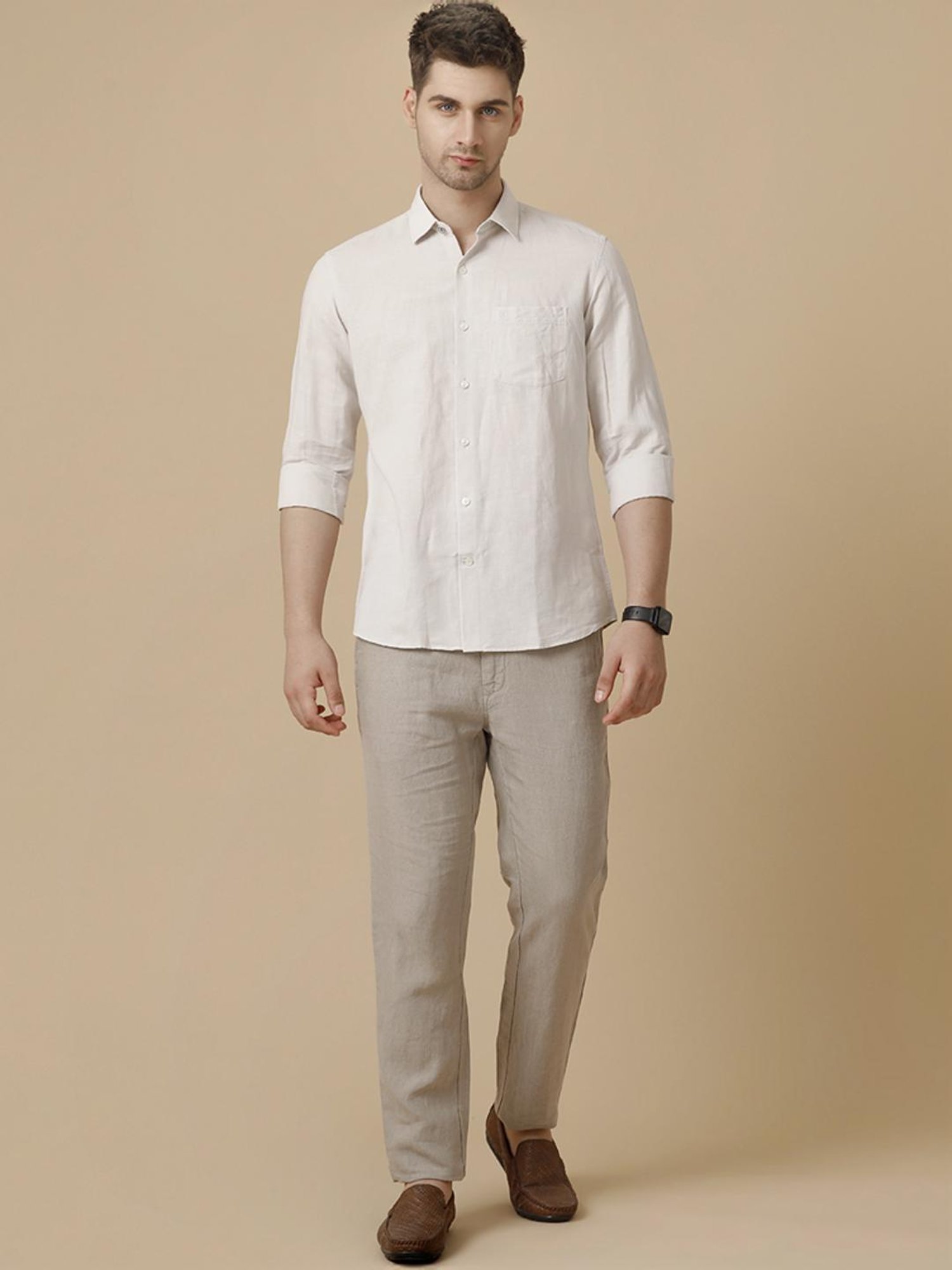Linen Club Beige Linen Contemporary Fit Shirt