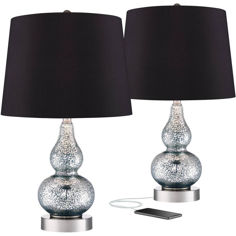 360 Lighting Castine Turquoise Glass Black Shade USB Table Lamps Set of 2