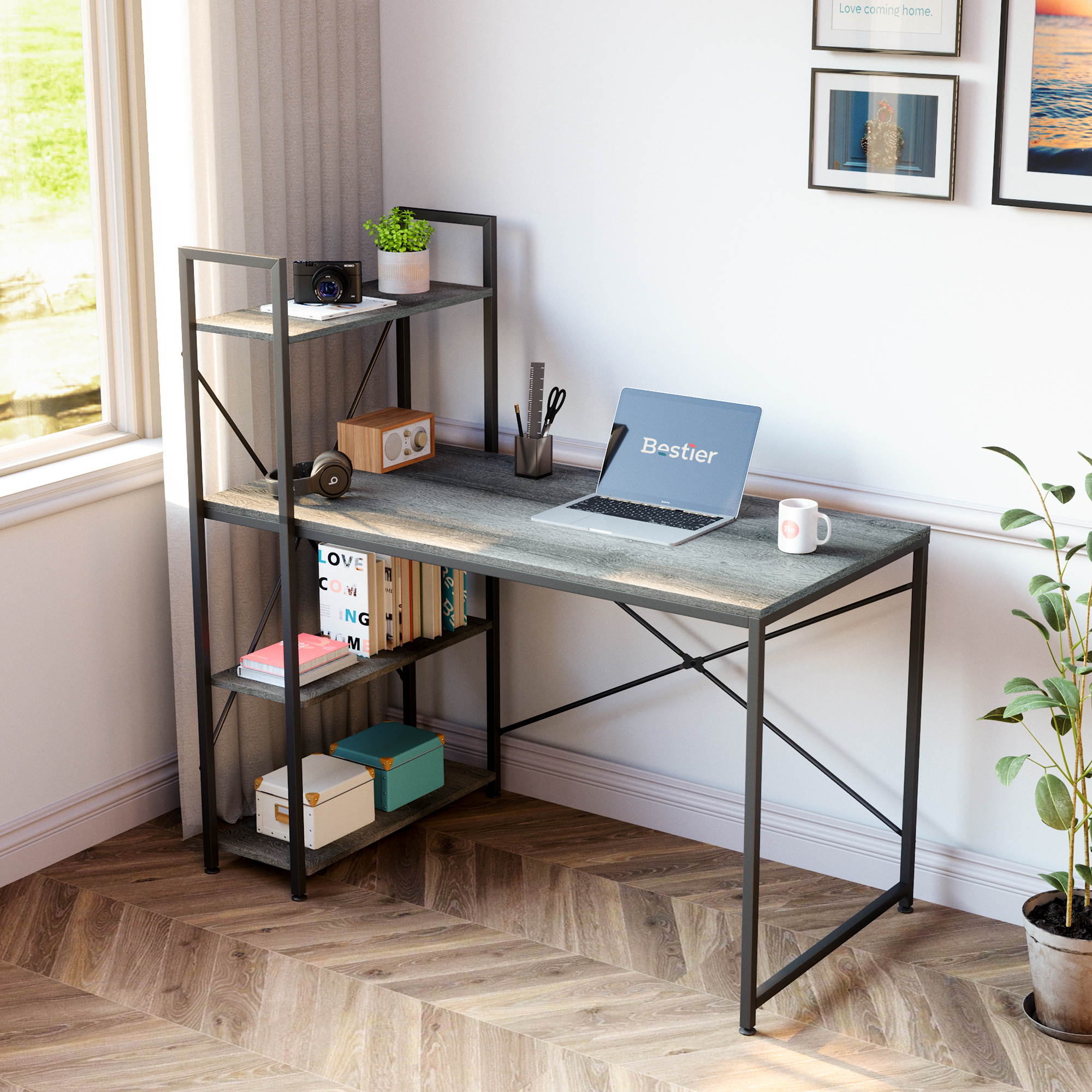 Bestier 63 Inch Computer Desk with Storage Shelves, Modern Bookshelf Desk with Headphone Hook Large Workstation Writing Desk with Reversible Bookshelves Home Office Work Table Study Desk Grey