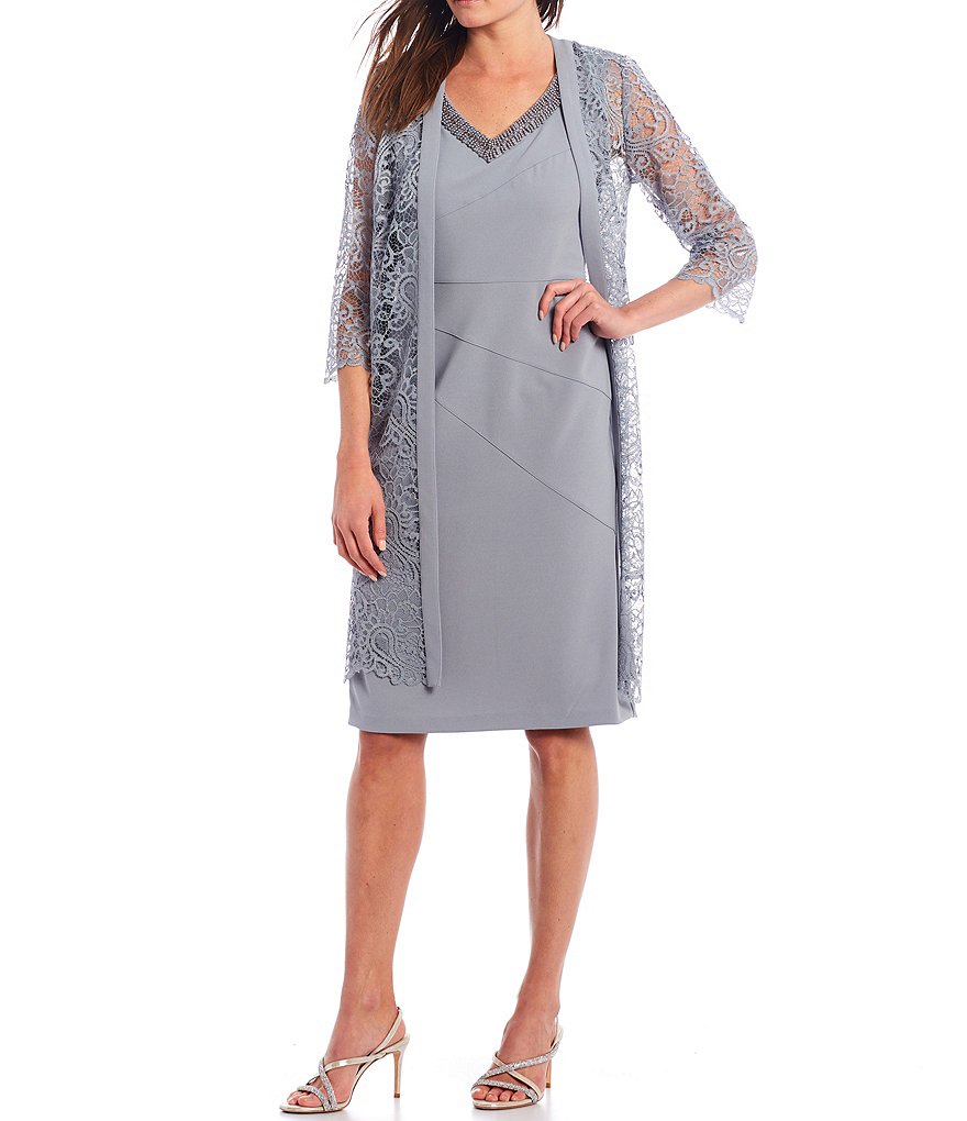 Le Bos Scalloped Lace V-Neck 3/4 Sleeve Jacket Dress