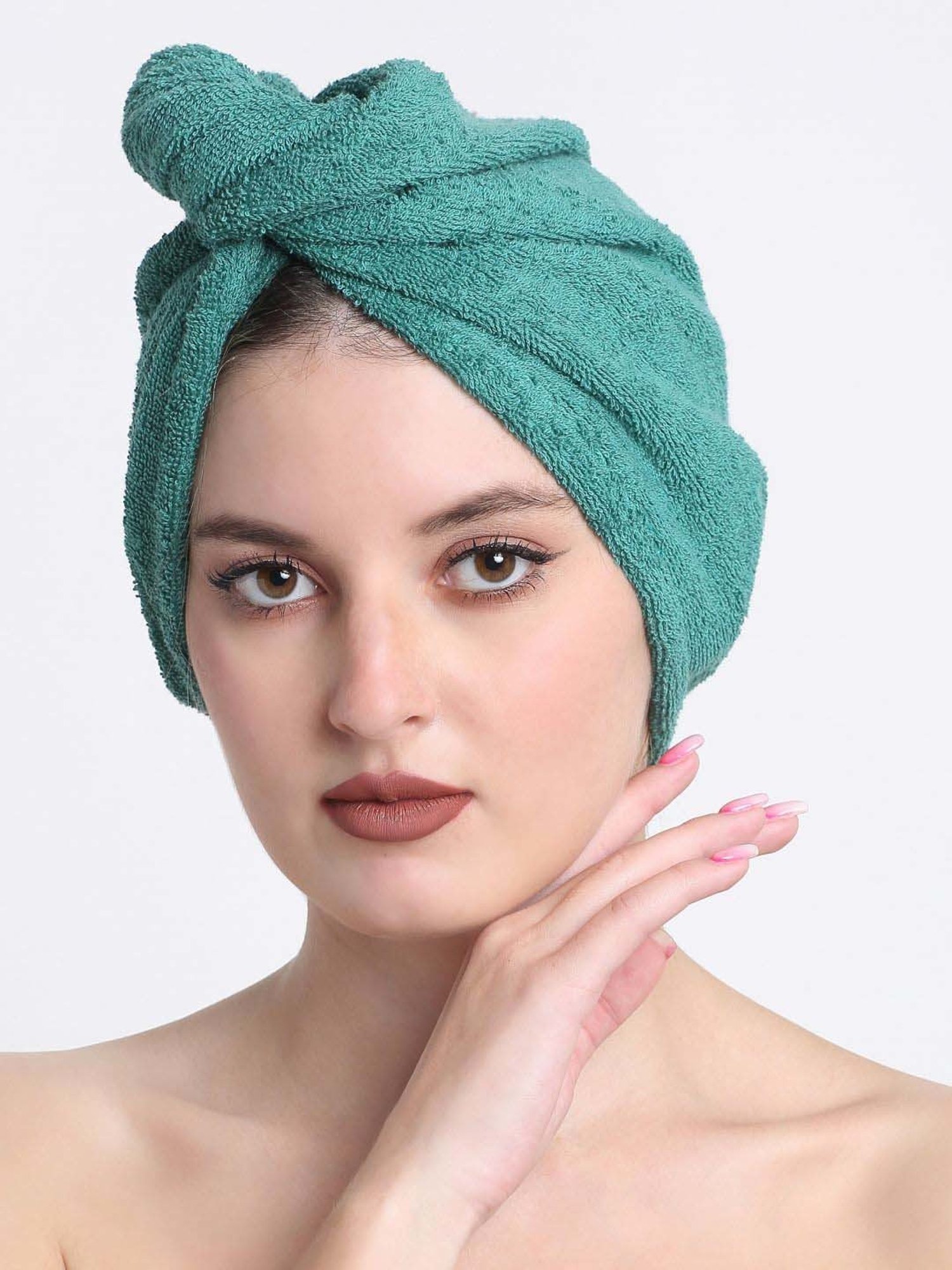 Creeva Luxury Leaf Green Cotton 380 GSM Hair Wrap - Set of 2