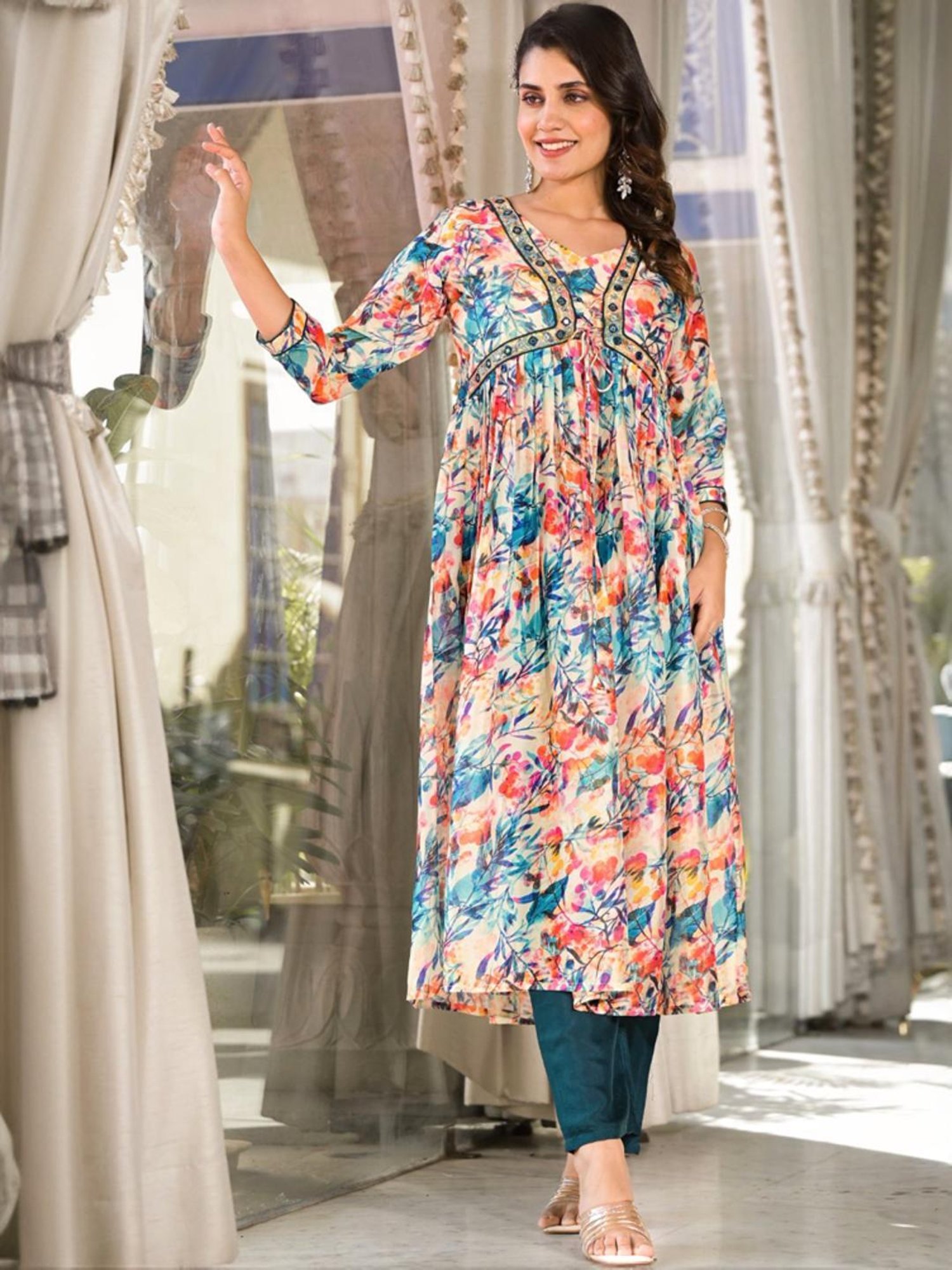 Odette Beige & Green Floral Print Kurta Pant Set With Dupatta