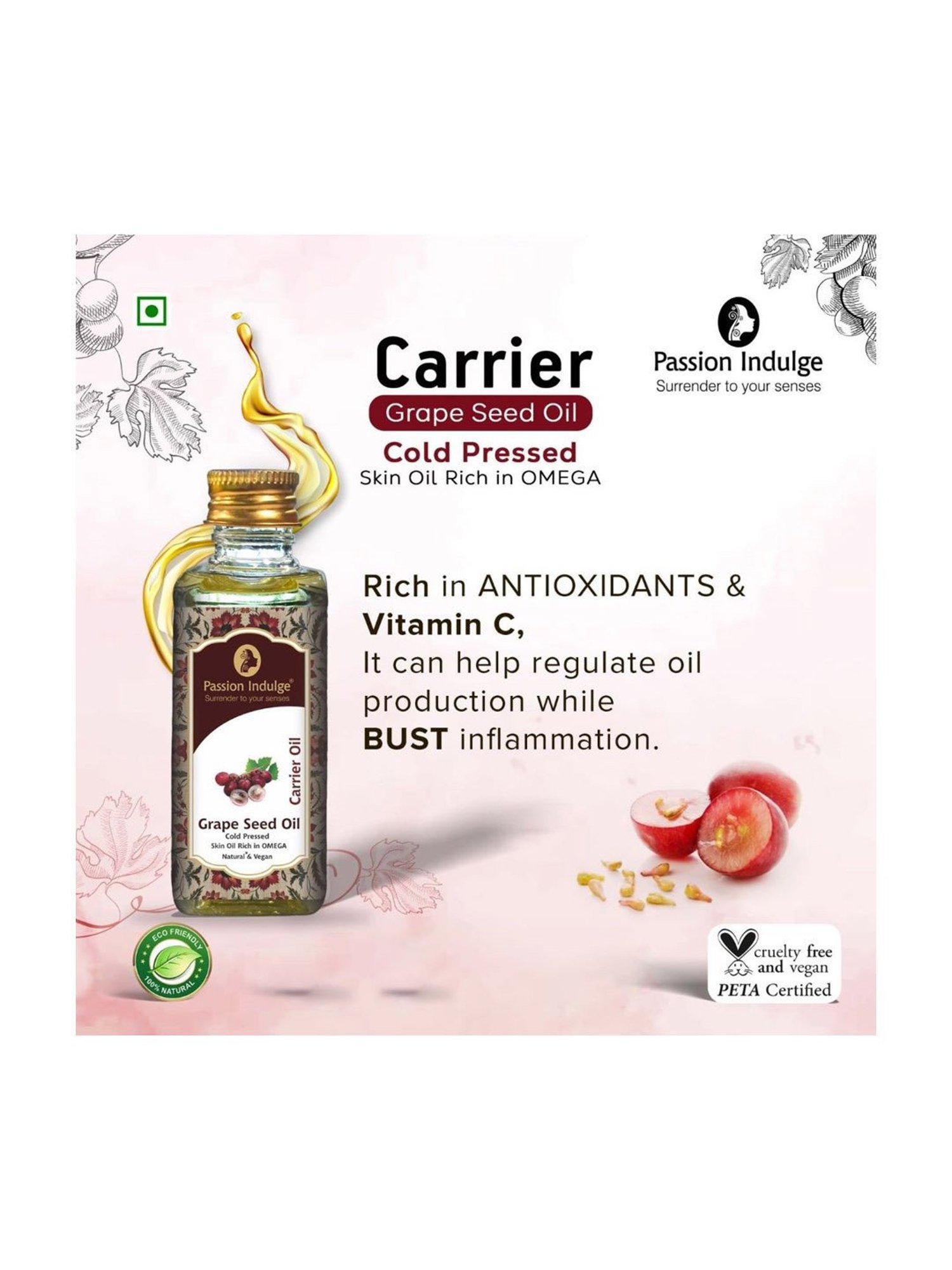 Passion Indulge Natural Grapeseed Carrier Oil - 60 ml