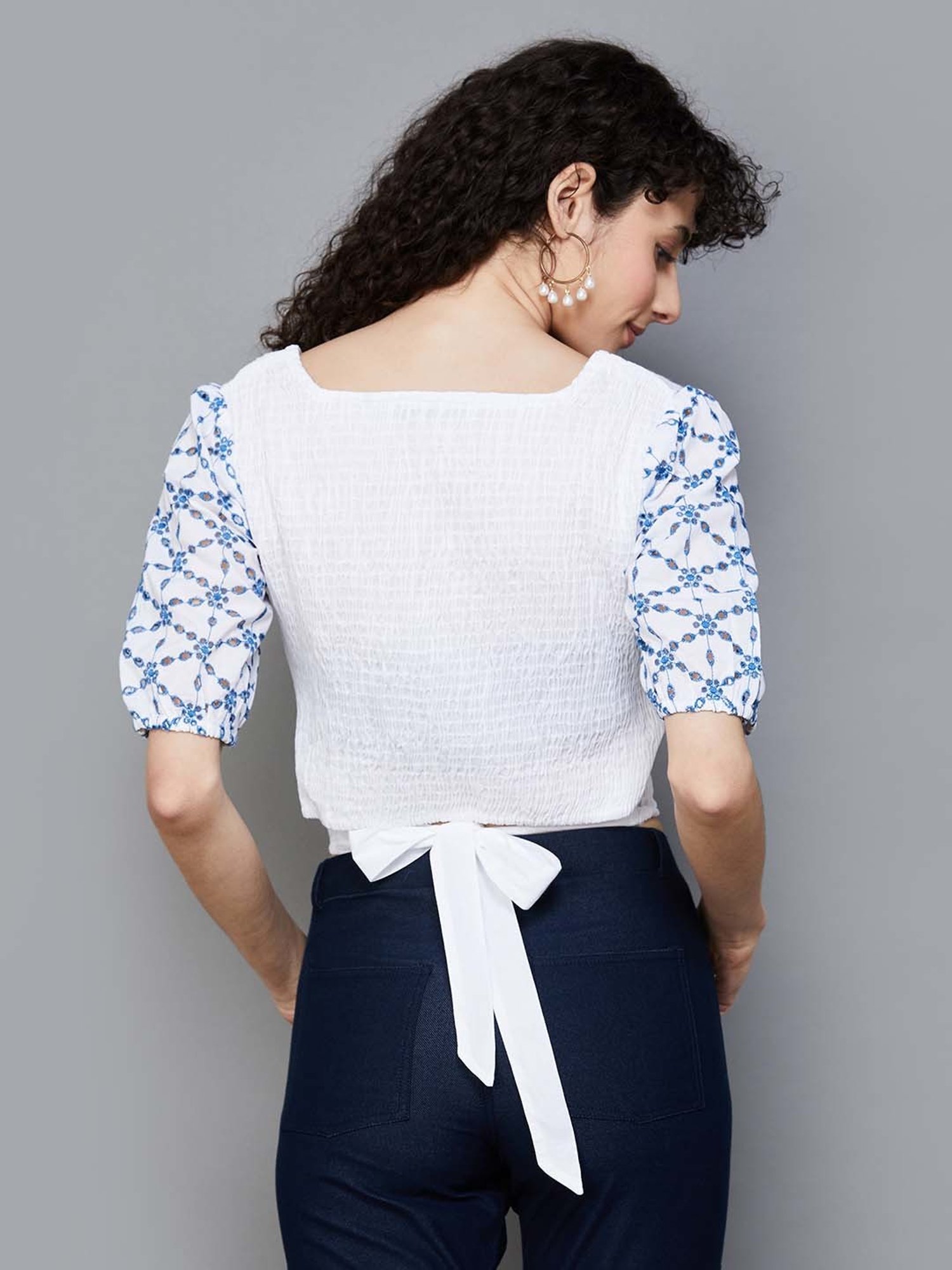 Colour Me by Melange Off-White Cotton Embroidered Crop Top