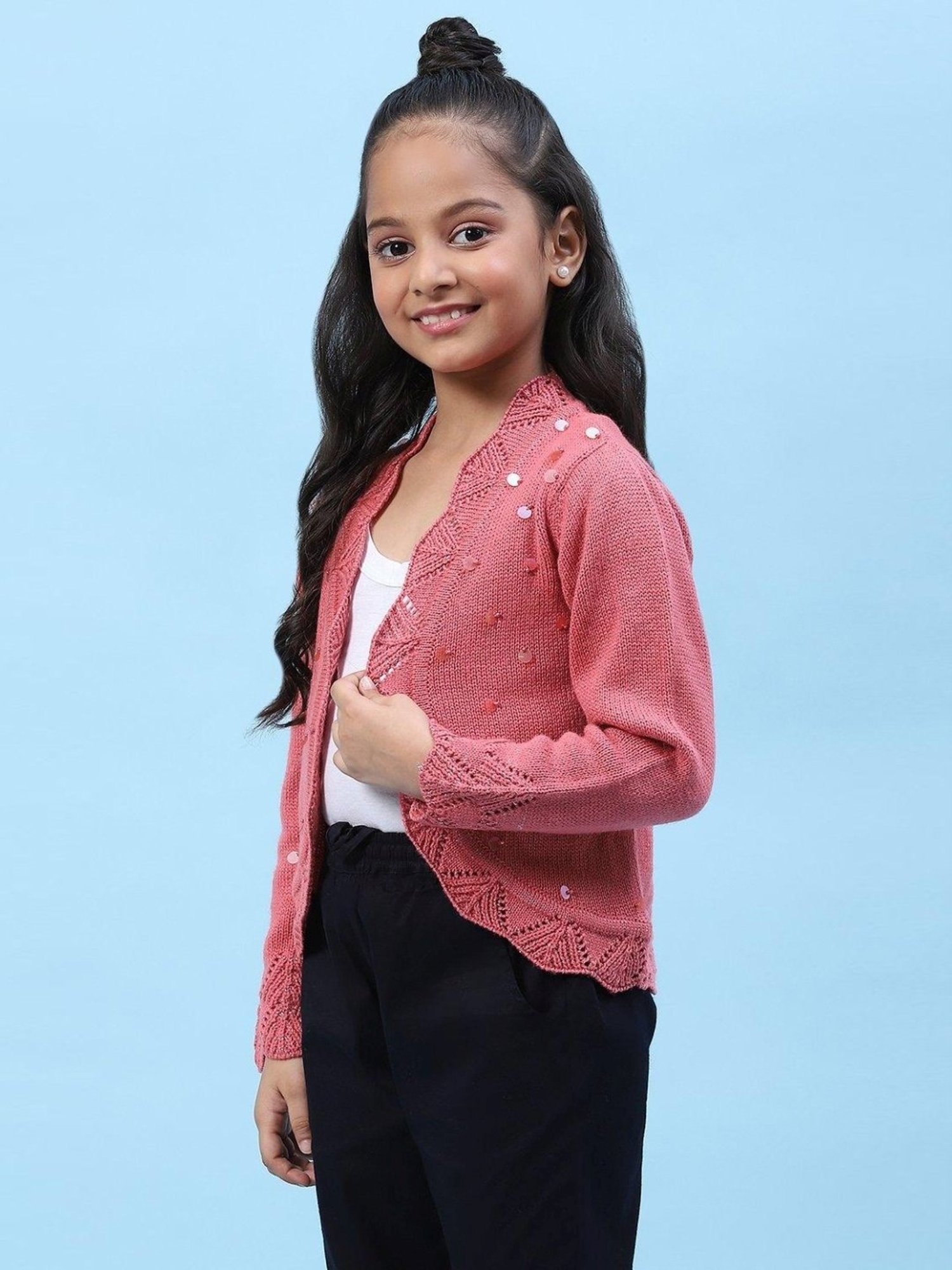 Biba Kids Pink Embellished Full Sleeves Shrug