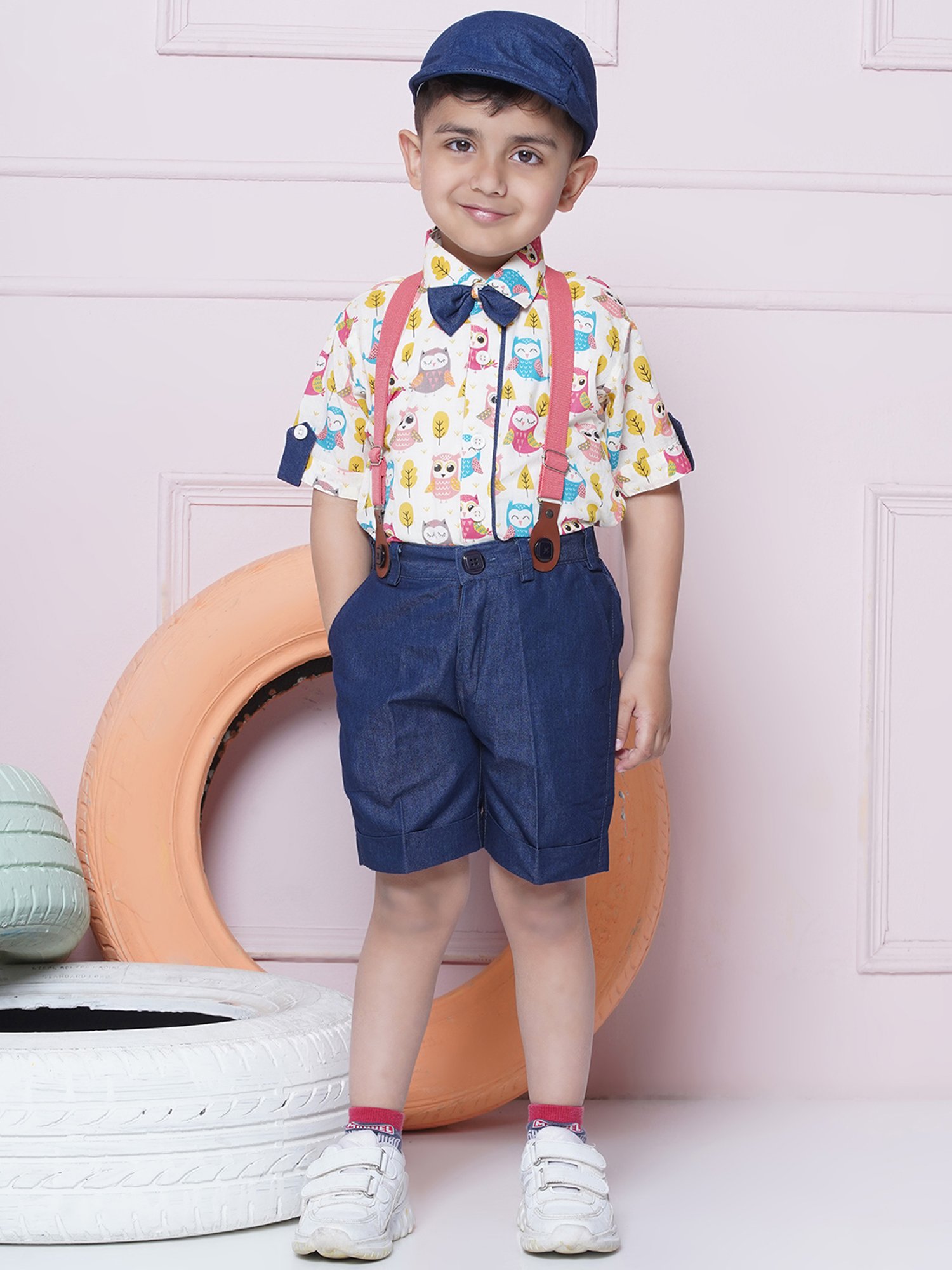 AJ Dezines Kids Pink & Navy Printed Shirt, Shorts, Suspender, Bow with Cap