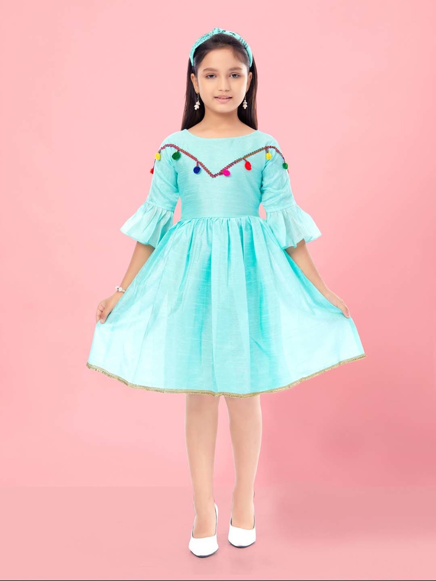 Aarika Kids Firozi Blue Flared Fit Middi Dress