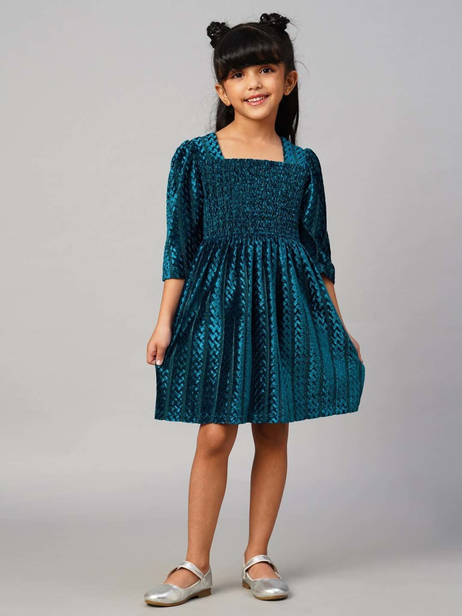 Lil Drama Kids Teal Blue Self Pattern Dress
