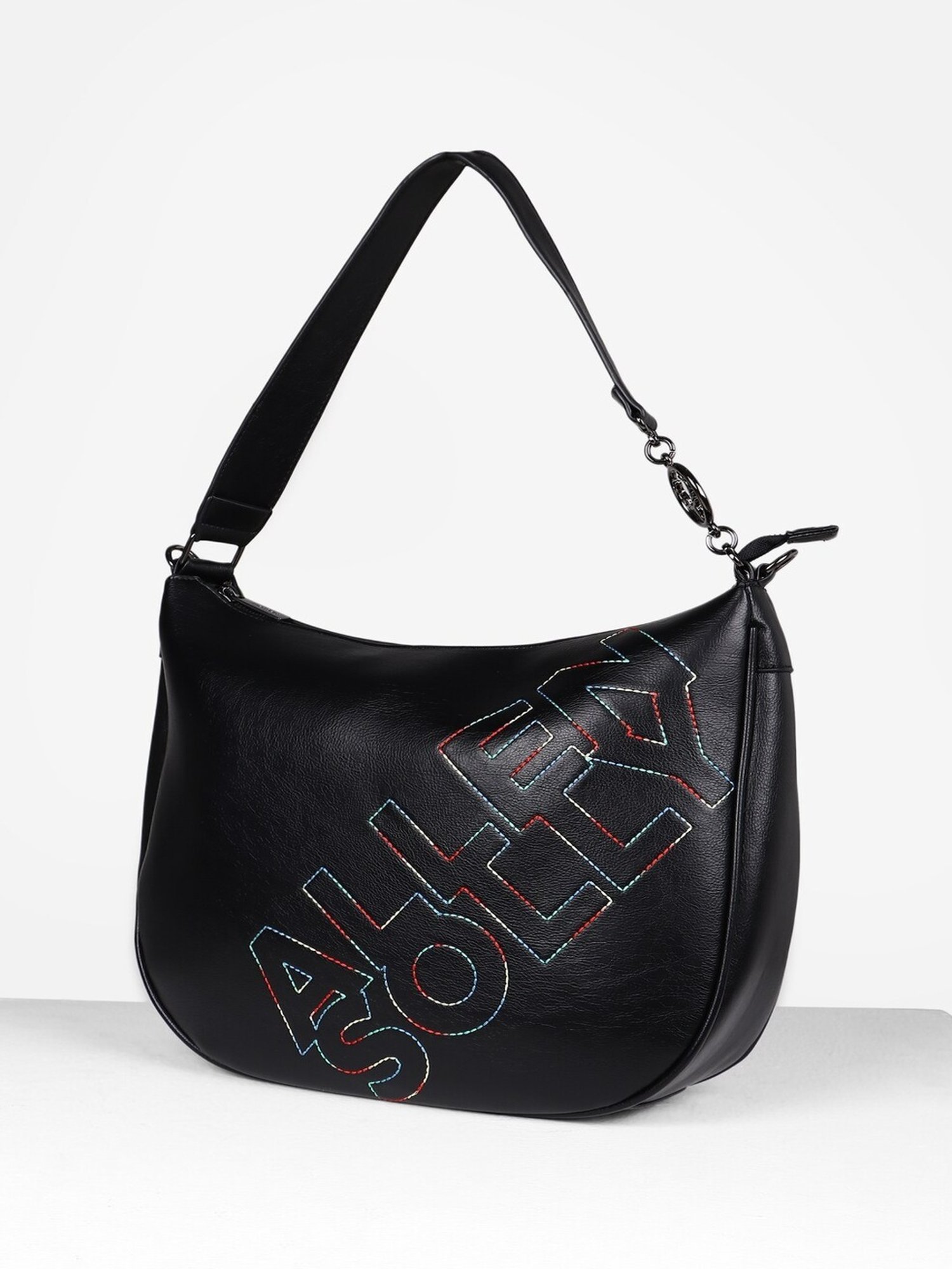 Allen Solly Black Embroidered Medium Shoulder Handbag