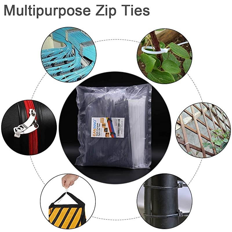 500 Pack Zip Ties Assorted Sizes, ALL Thickened Width 0.19 inch 50 pound Wire Tie Wraps,  Black Plastic Nylon Cable Tie, UV & Heat Resistant Indoor Outdoor Multi-purpose 4-6-8-10-12 Inch