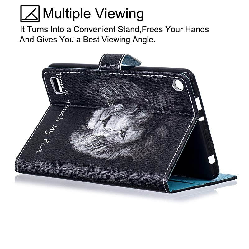 Case for  Kindle Fire 7 (5th Generation, 2015 Release) - Synthetic Leather Magnetic Closure Stand Cover with Card Slots for 2015 Fire 7" Display ONLY, Cool Lion