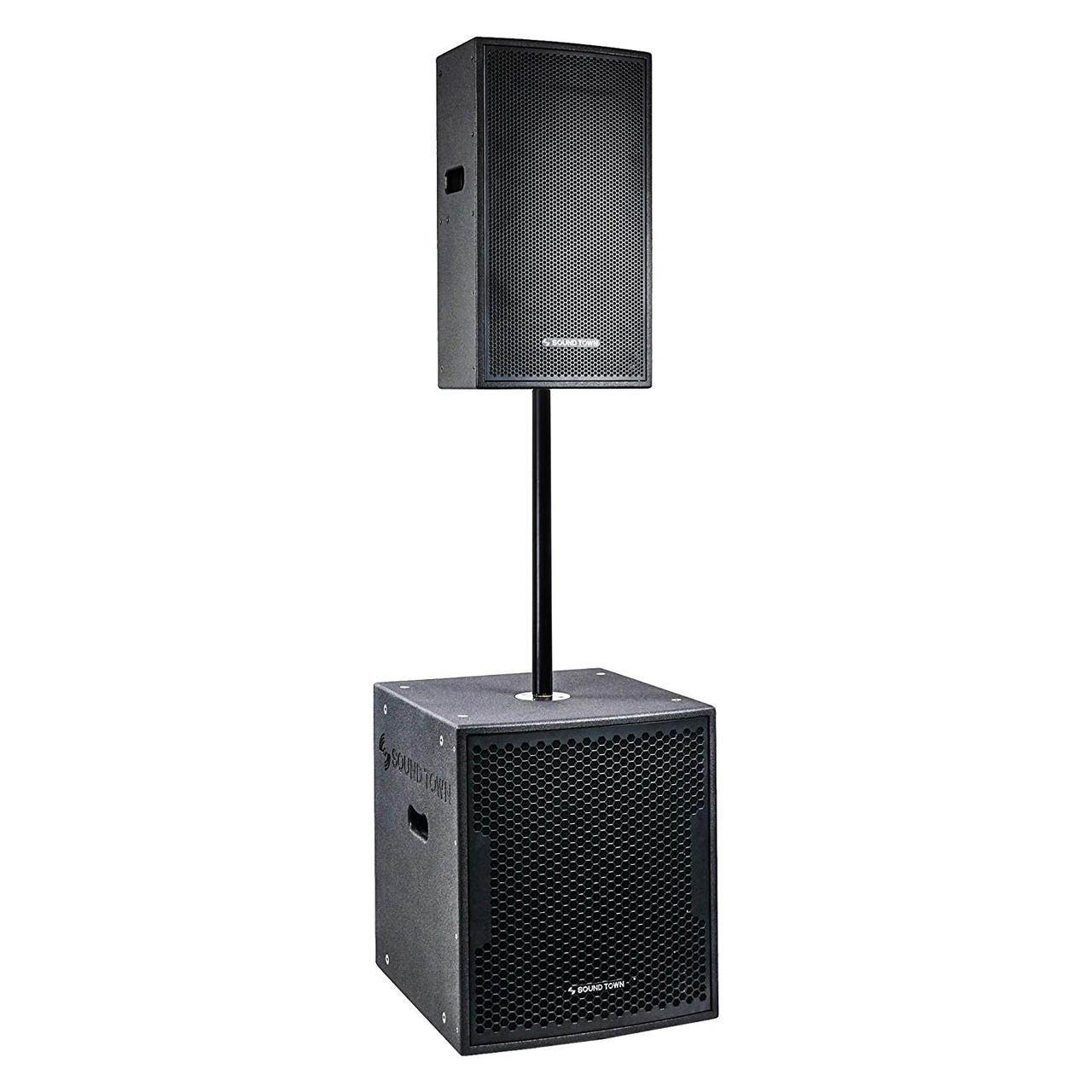 Sound Town CARME Series Powered PA Speaker and Subwoofer Combo Set with One 12&rdquo; PA Speaker, One 15&rdquo; Subwoofer, One Subwoofer Pole, Black
