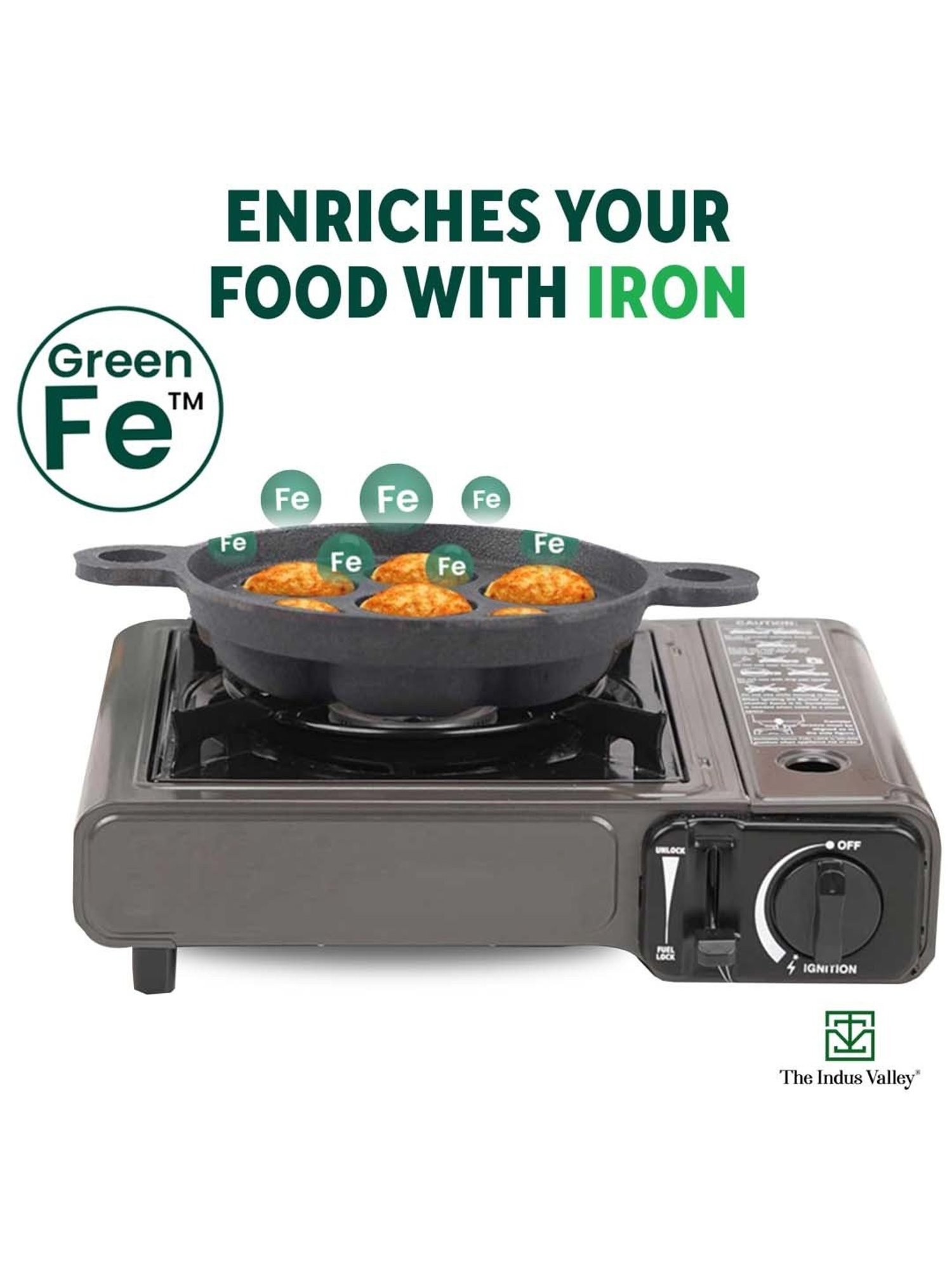 The Indus Valley Black Cast Iron 19cm 7-Pit Paniyaram Pan with Free Wooden Picker