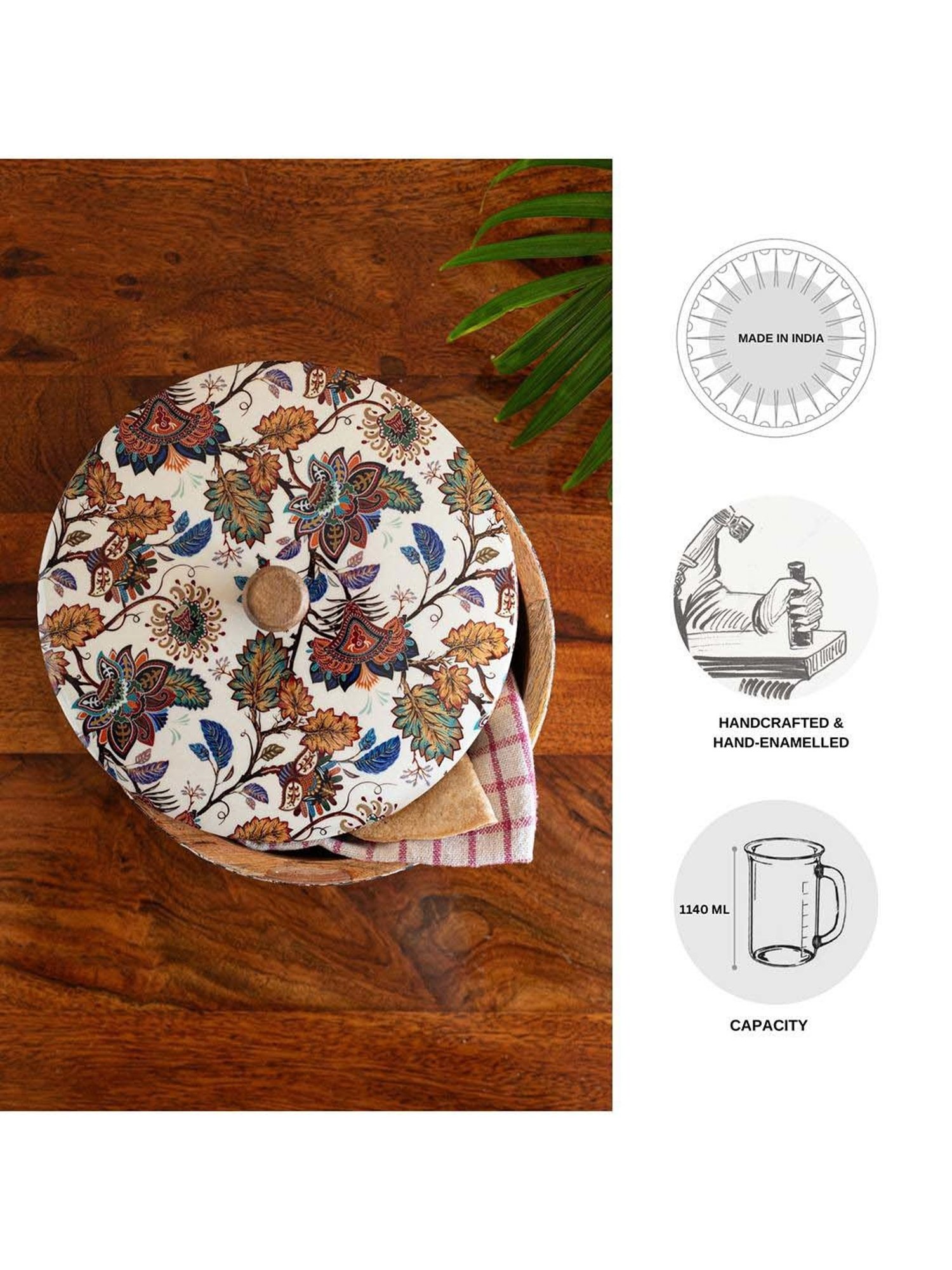 ExclusiveLane Mango Wood Floral Chronicles Hand-Enamelled Casserole Chapati Box With Lid (1.14 L)