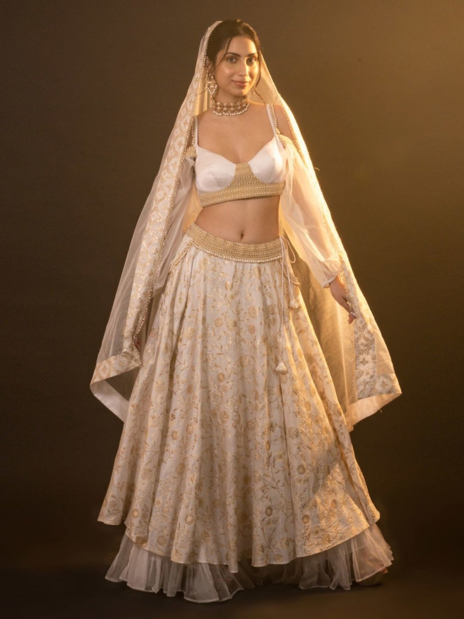 Monk and Mei Soul of Swan White and Gold Diana Brocade Lehenga Set