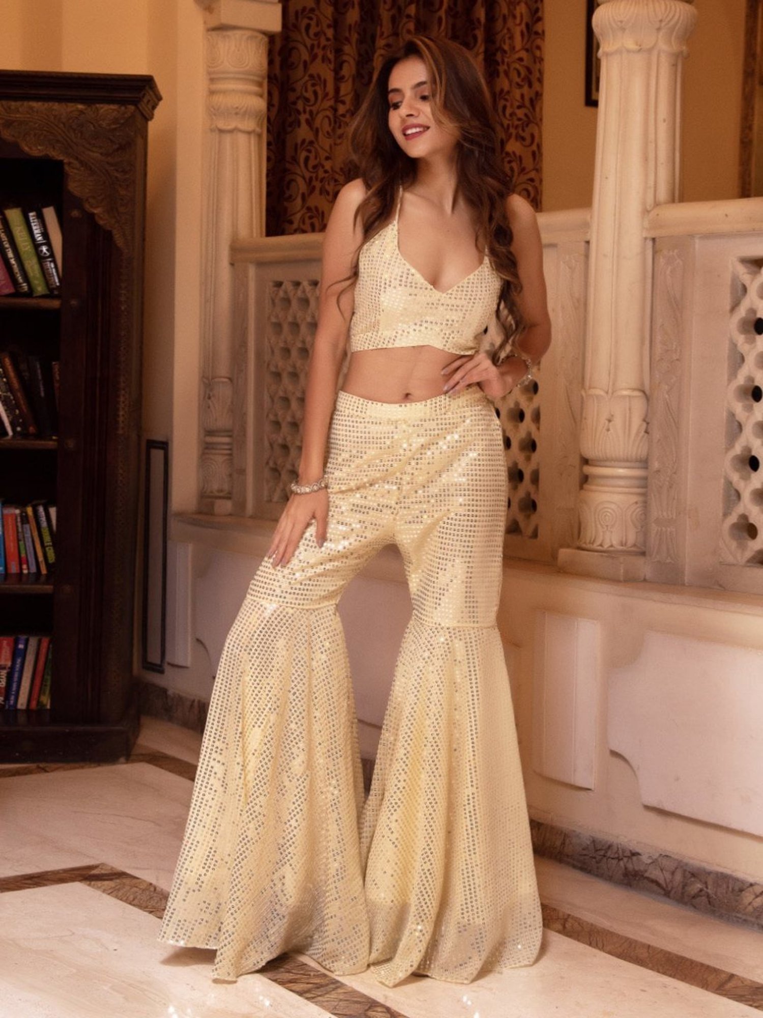 Calmna Bebo Beige Sequin Kurta Sharara Set