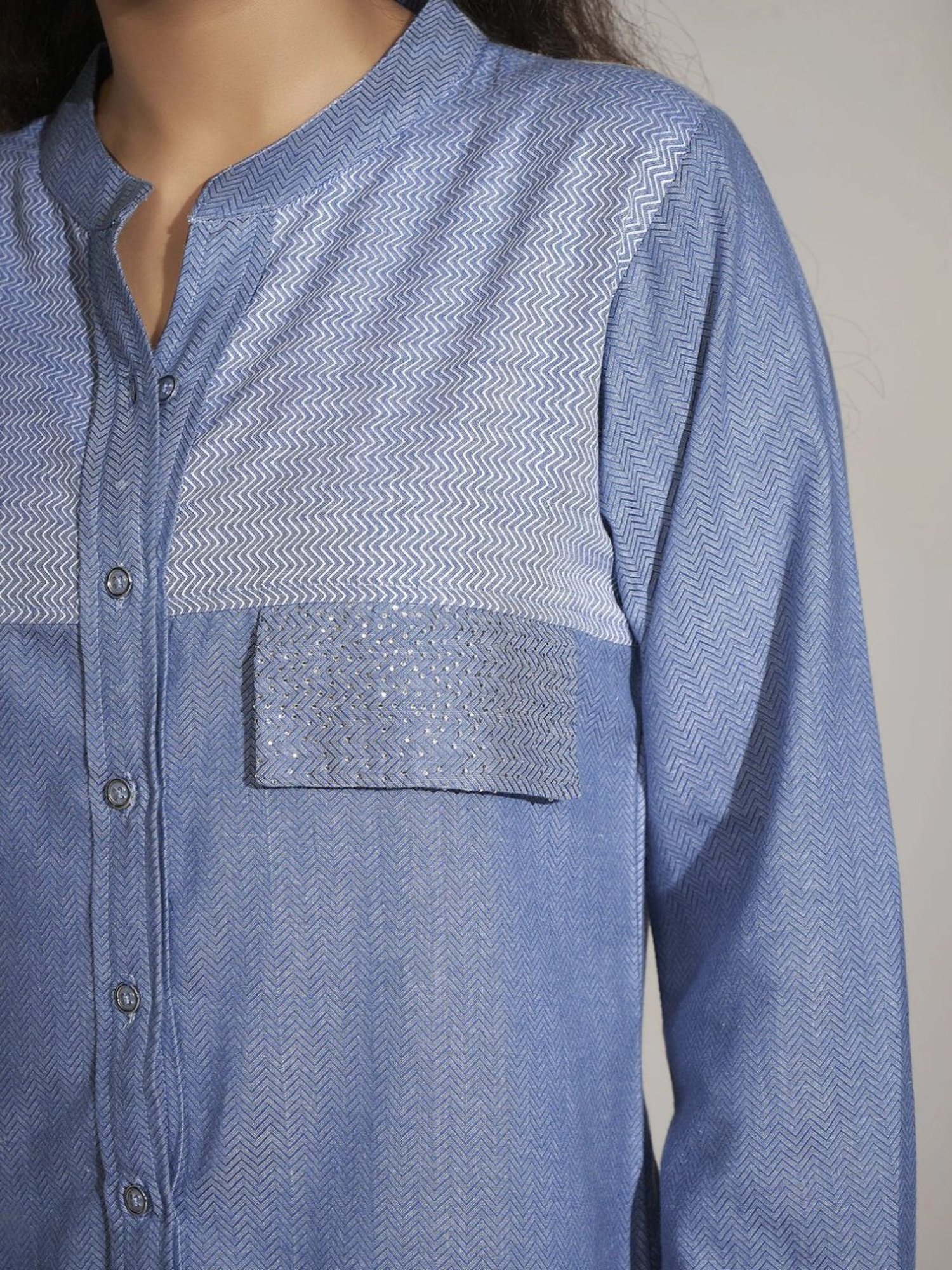 Kaftanize Blue Cotton Doby Print Kameez Shirt with Rhinestone