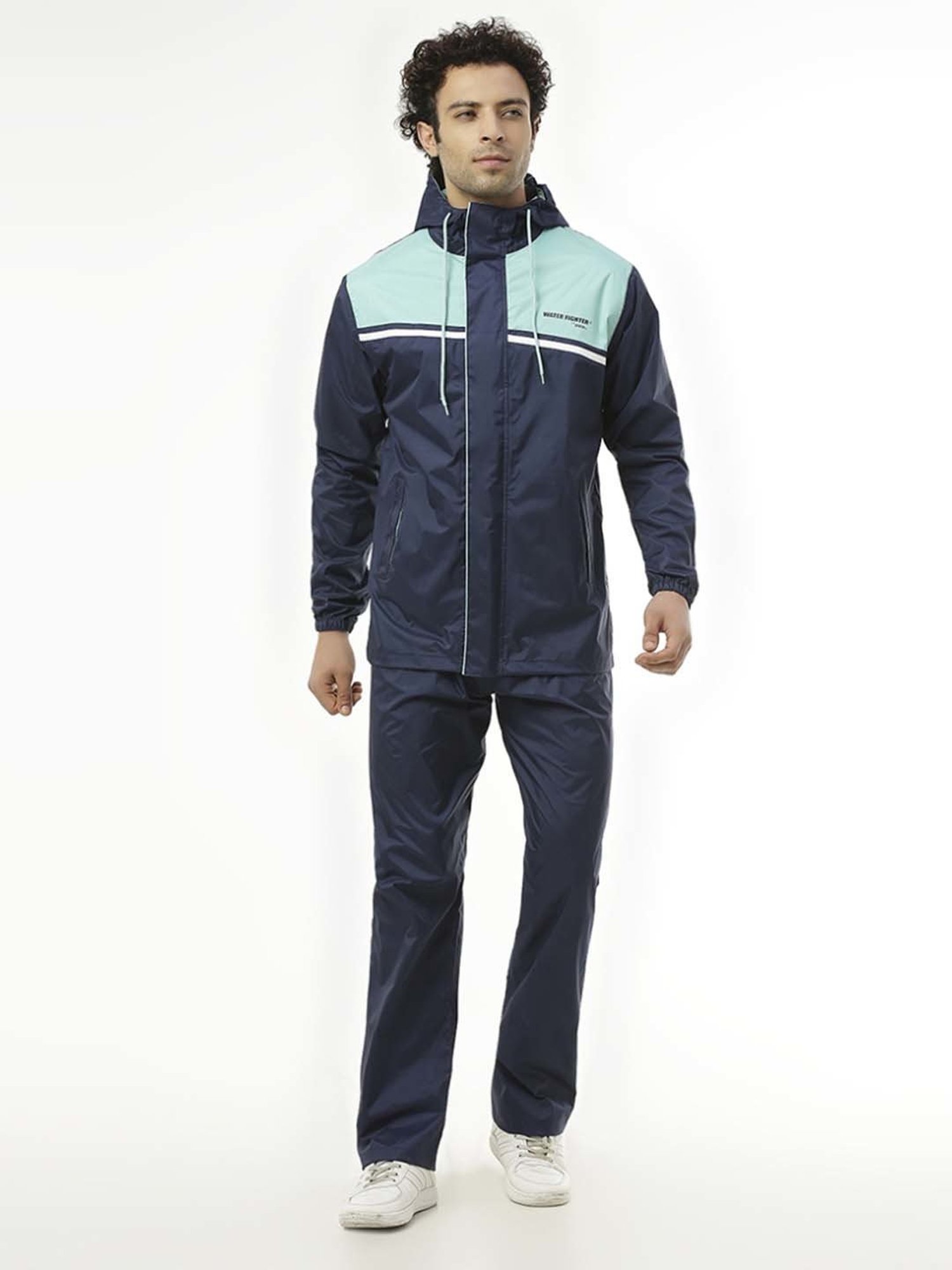 Zeel Navy & Green Colour-Block Rainwear Jacket
