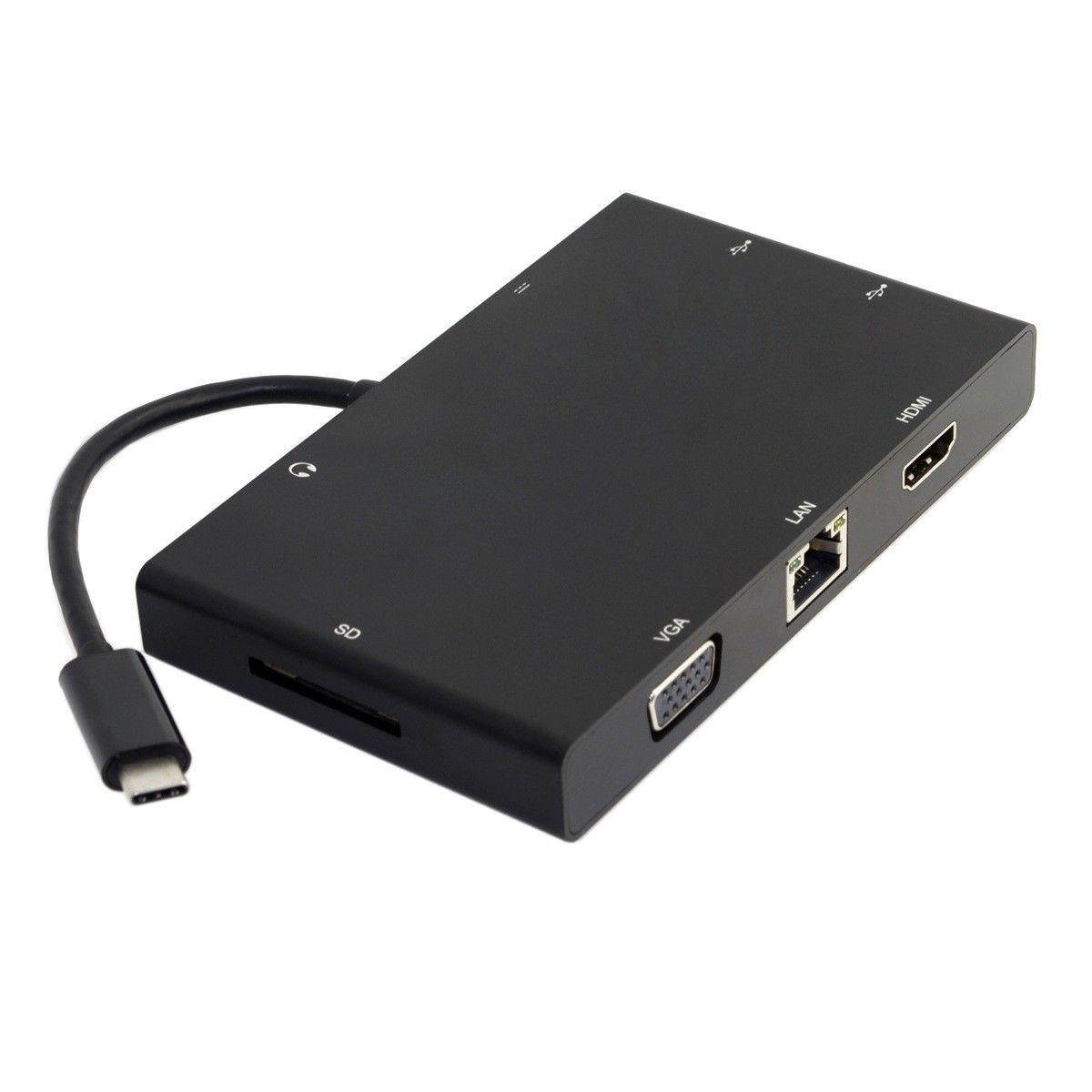 USB 3.1 USB-C to VGA/HDMI/2 Ports USB 3.0 HUB/SD Card Reader/100Mbps Ethernet RJ45 LAN/3.5mm Audio/PD USB Type C Charge Port for New Macbook
