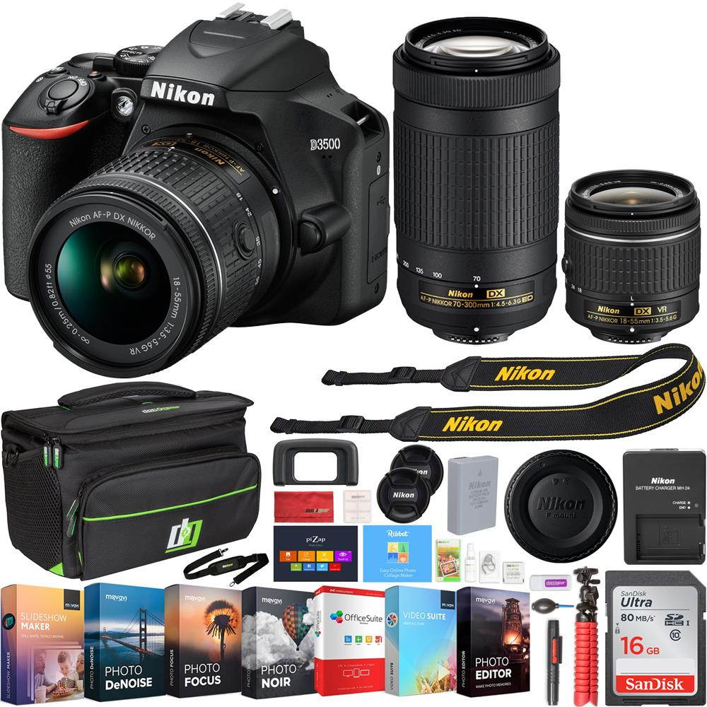 Nikon D3500 24.2MP DSLR Camera w/ 18-55mm & 70-300mm Lens REFURB + 16GB Bundle