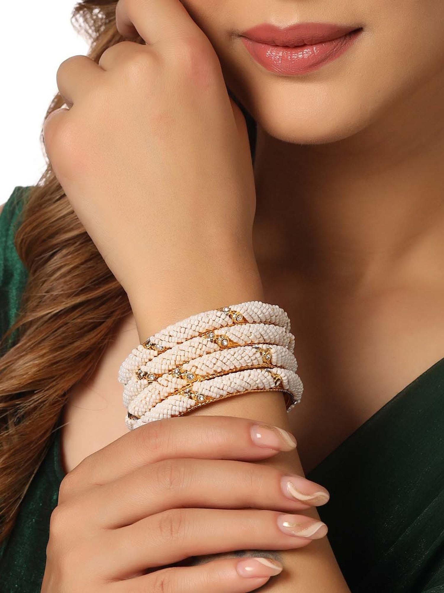 NVR Women Set Of 2 Gold-Plated Traditional Pearls Beaded Bangles
