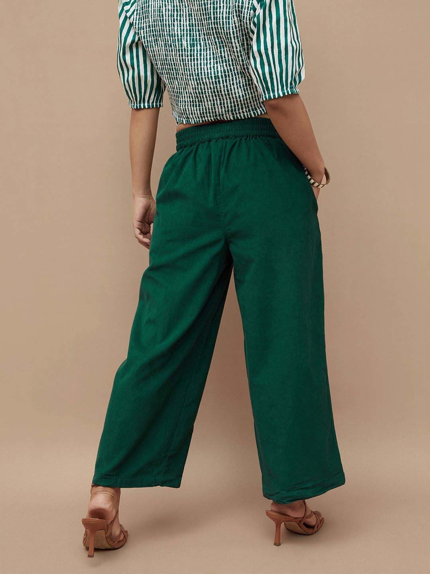 Colour Me by Melange Green Cotton Mid Rise Pants